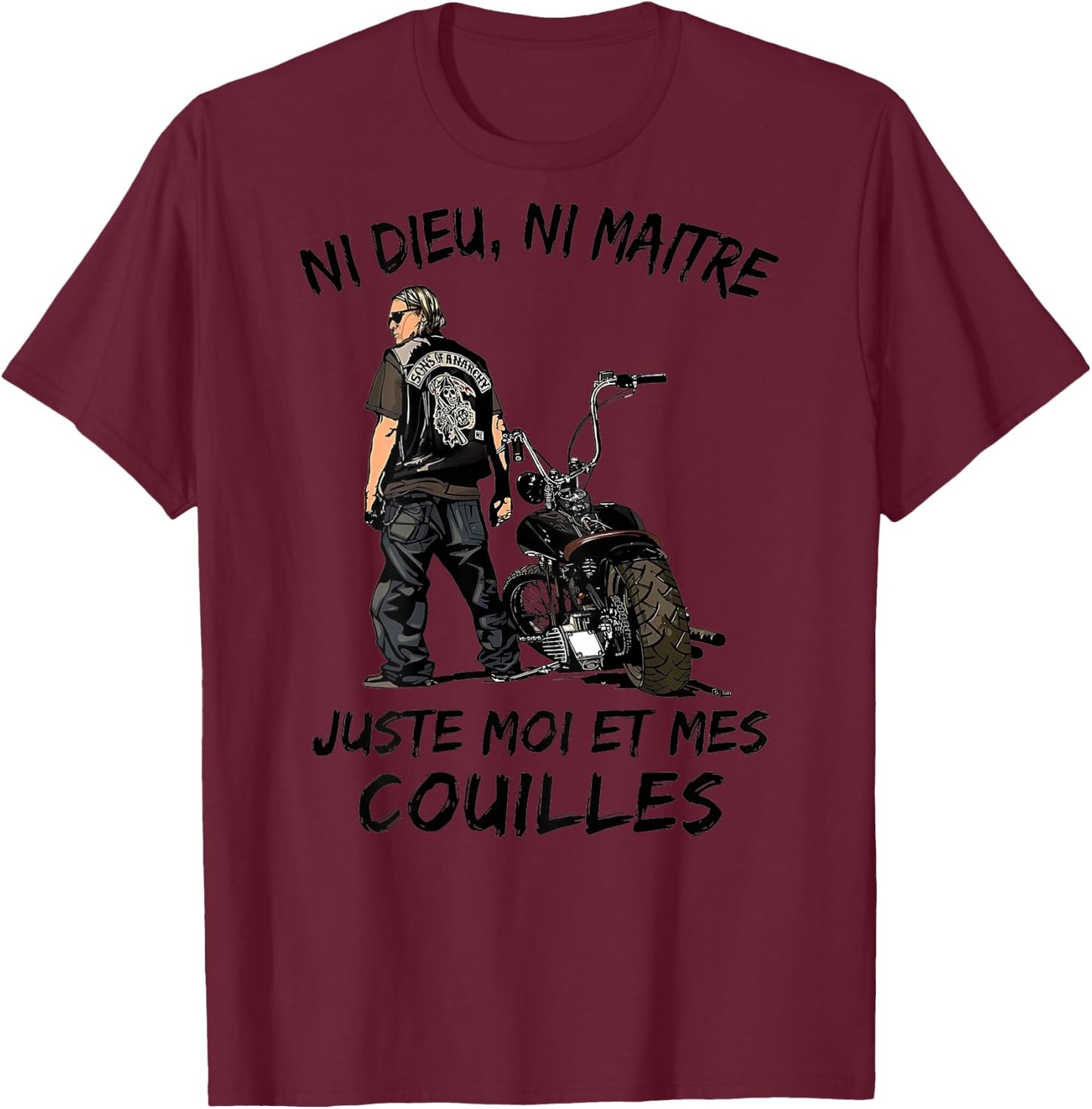 BIKER Ni God Ni Master Just Me And My Balls (back) , white, S T-Shirt - T-Shirt | Maroon
