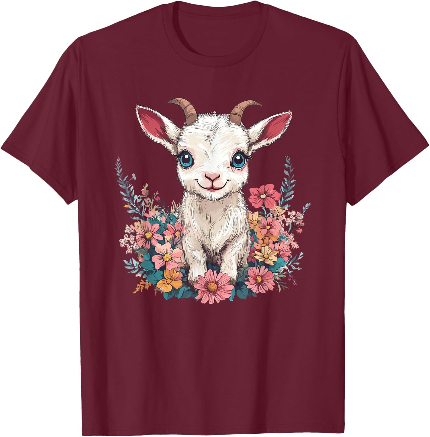 Adorable Baby Goat Surrounded By Flowers T-Shirt - T-Shirt | Maroon