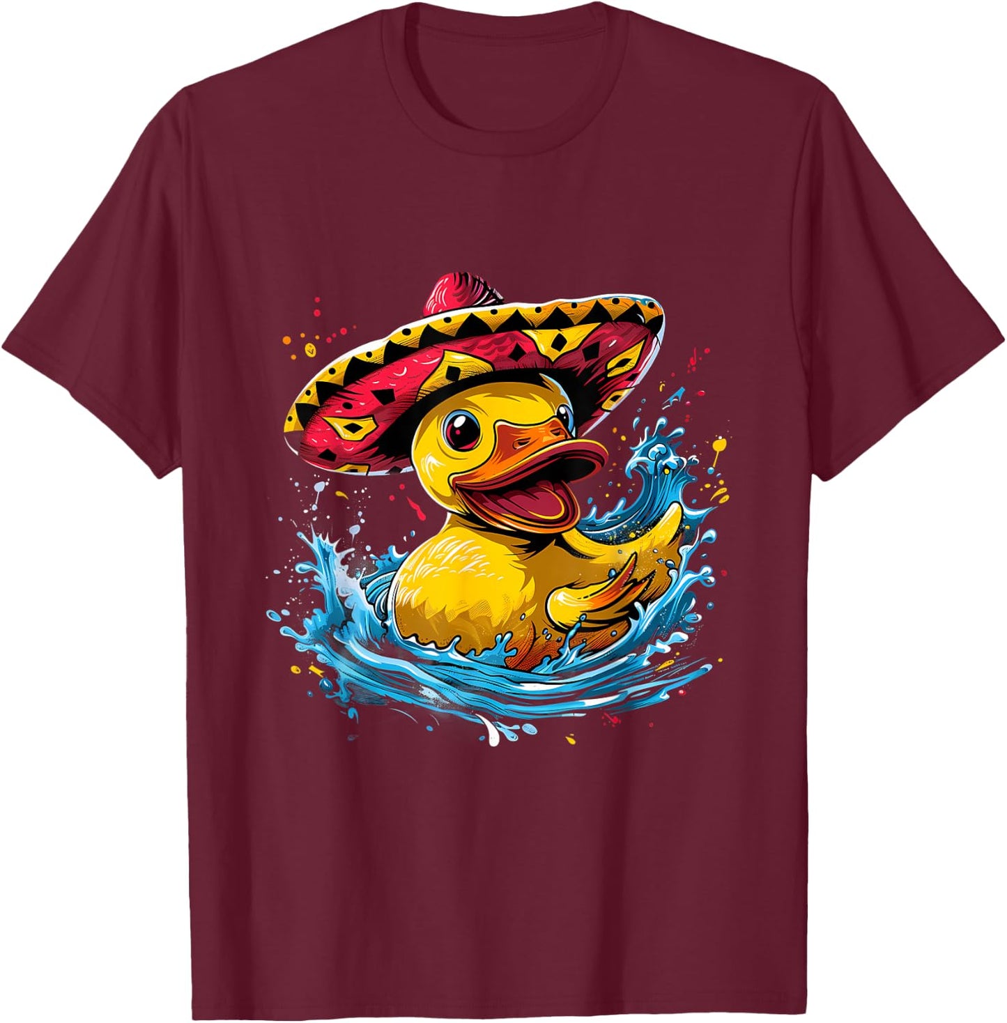 Rubber Duck Water Splash Mexican Sombrero Rubber Duckling T-Shirt - T-Shirt | Maroon