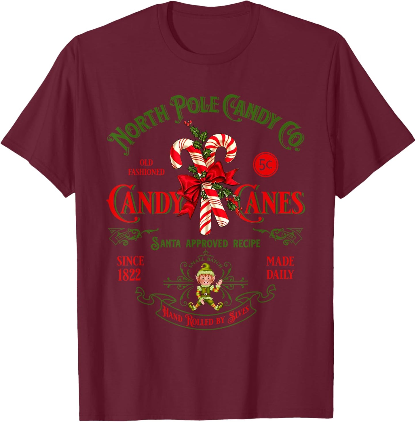 Vintage Funny Christmas Candy Cane North Poles Xmas Costume T-Shirt - T-Shirt | Maroon