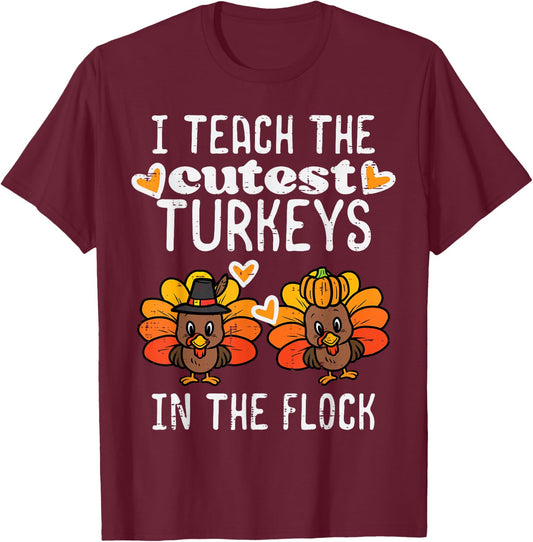 Teach Cutest Turkeys Flock Thanksgiving Teacher Fall Women T-Shirt - T-Shirt | Maroon