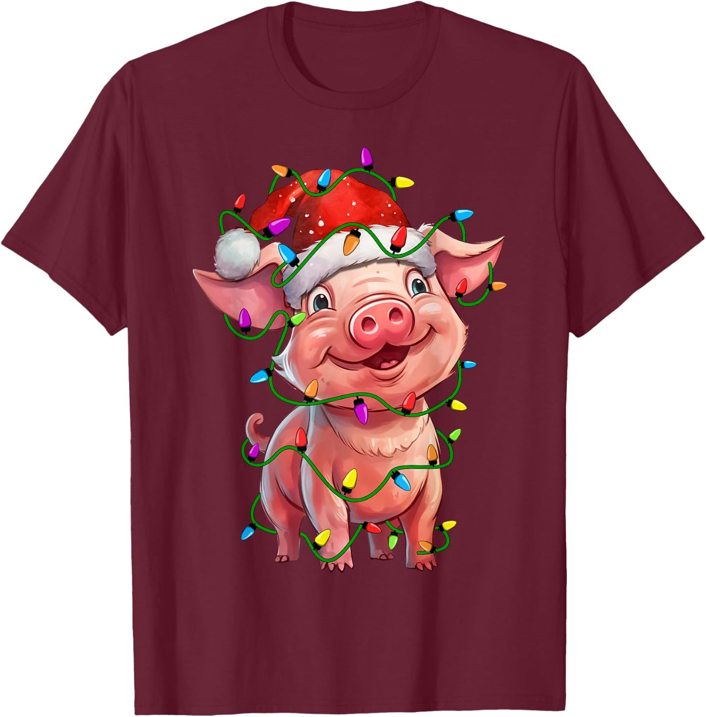 Pig Santa Christmas Tree Lighting Xmas Funny T-Shirt - T-Shirt | Maroon