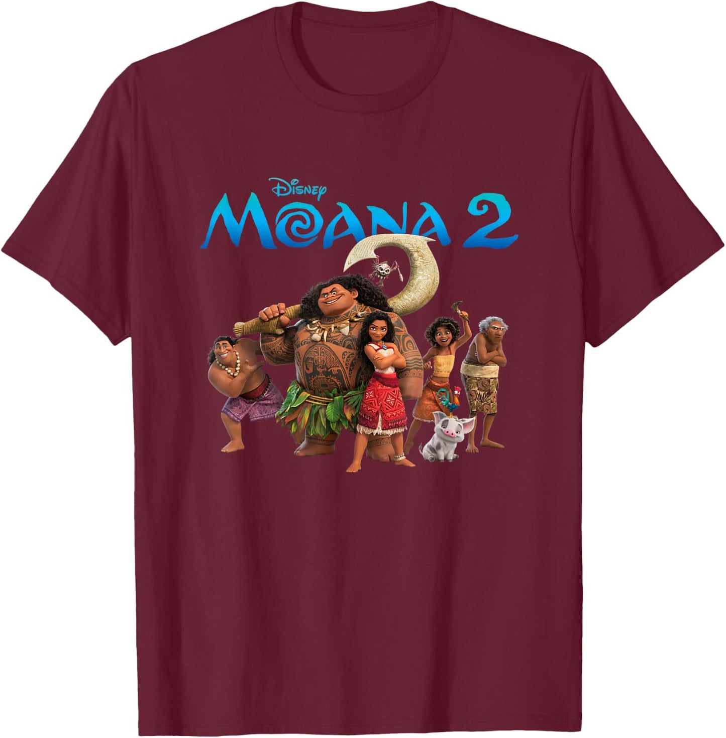 Disney Moana 2 Oceania Adventure Big Crew Panel , Black, S T-Shirt - T-Shirt | Maroon