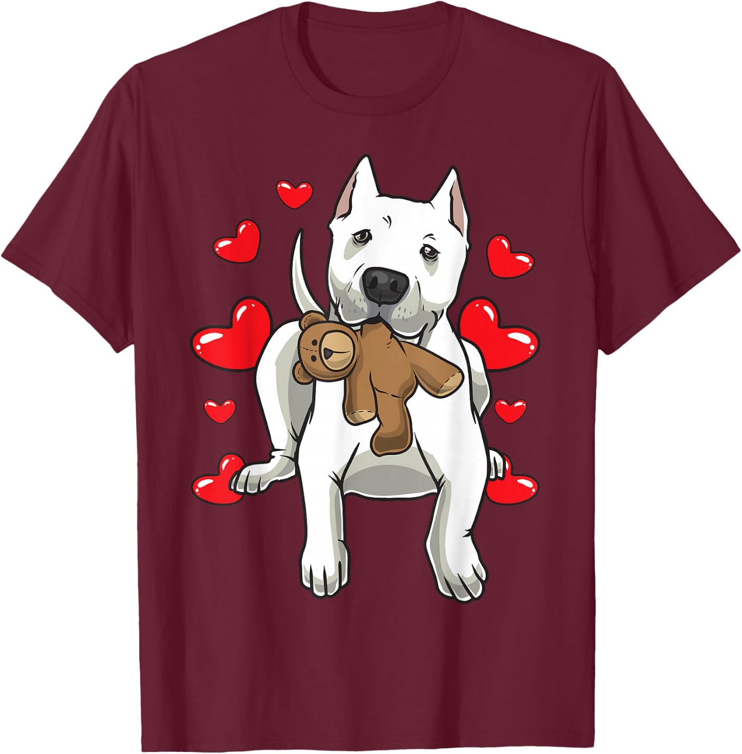 Dogo Argentino Dog With Stuffed Animal And Hearts T-Shirt - T-Shirt | Maroon