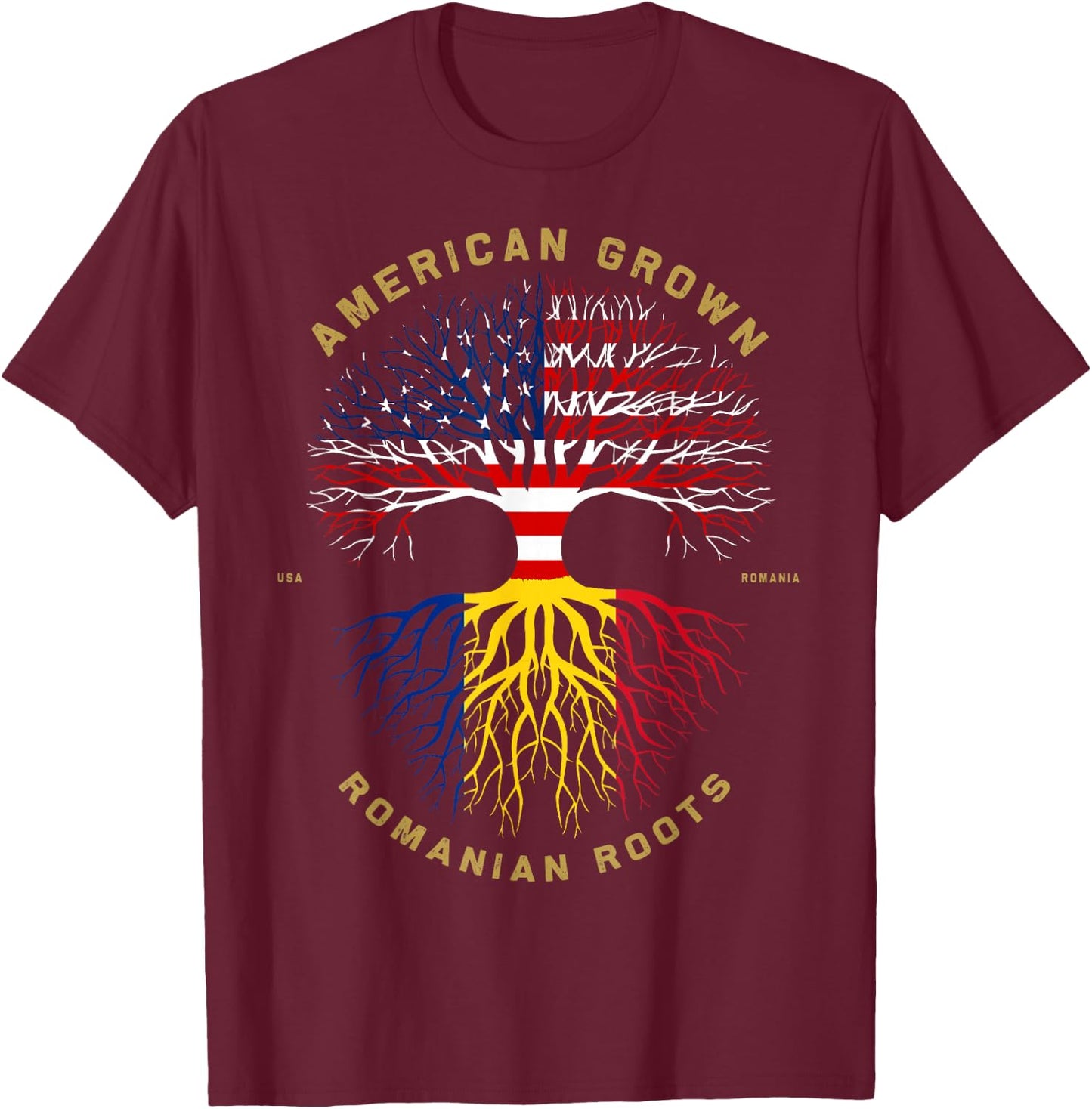 American Grown with Romanian Roots Tree USA Flag Gift T-Shirt - T-Shirt | Maroon