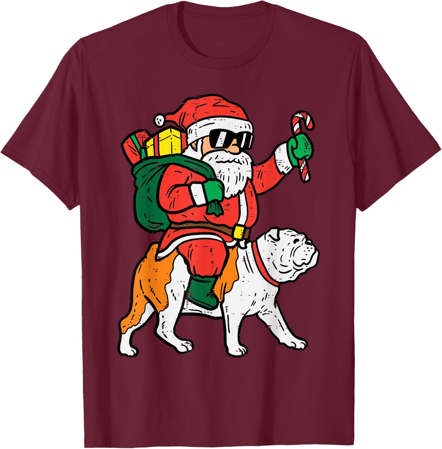 Santa Riding English Bulldog Christmas Xmas Women Kids T-Shirt - T-Shirt | Maroon
