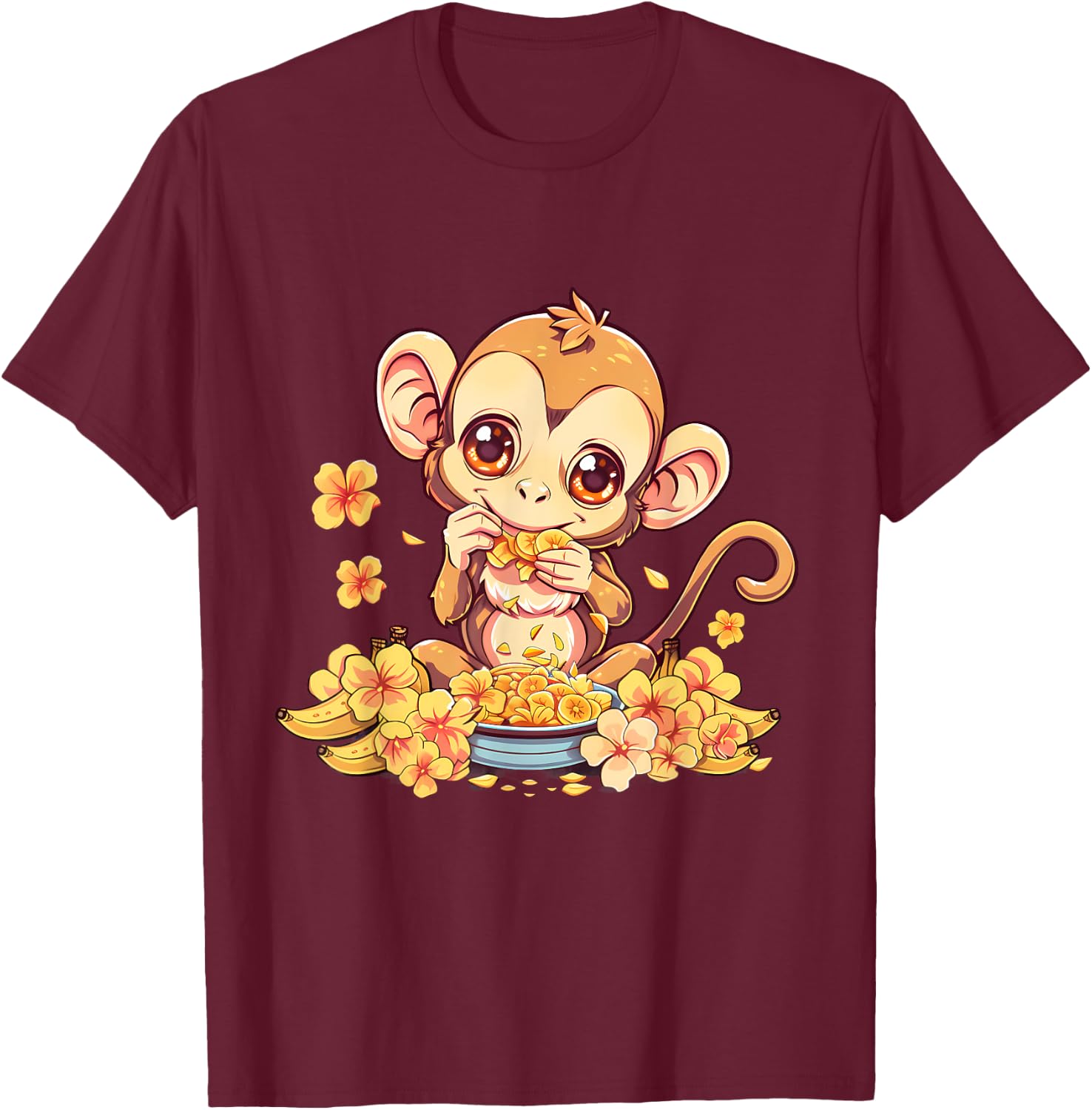 Banana Monkey Floral Bananas Fruit Artwork Cute Monkey T-Shirt - T-Shirt | Maroon