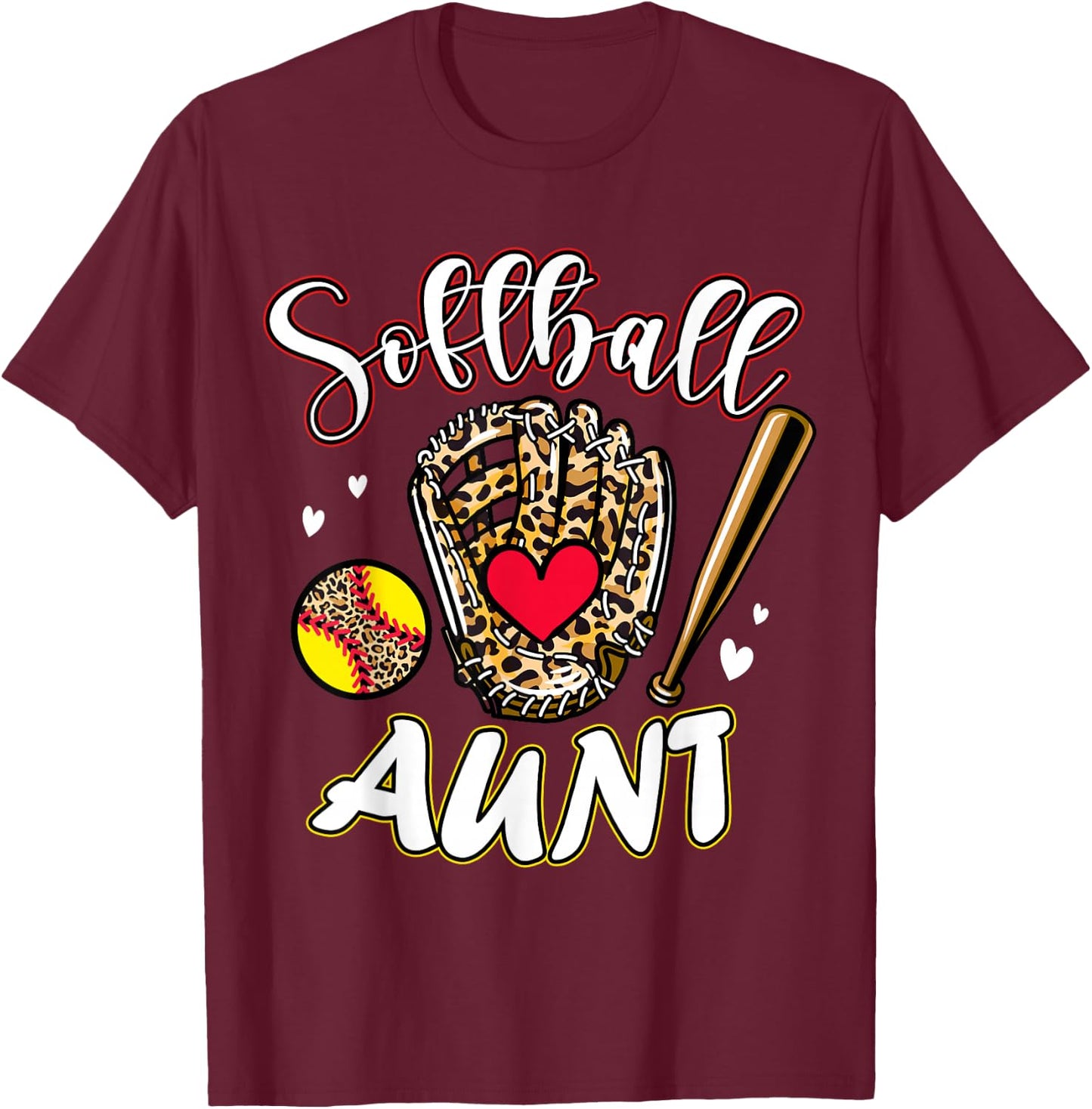 Softball Aunt Leopard Game Day Softball Cute Matching Family T-Shirt - T-Shirt | Maroon