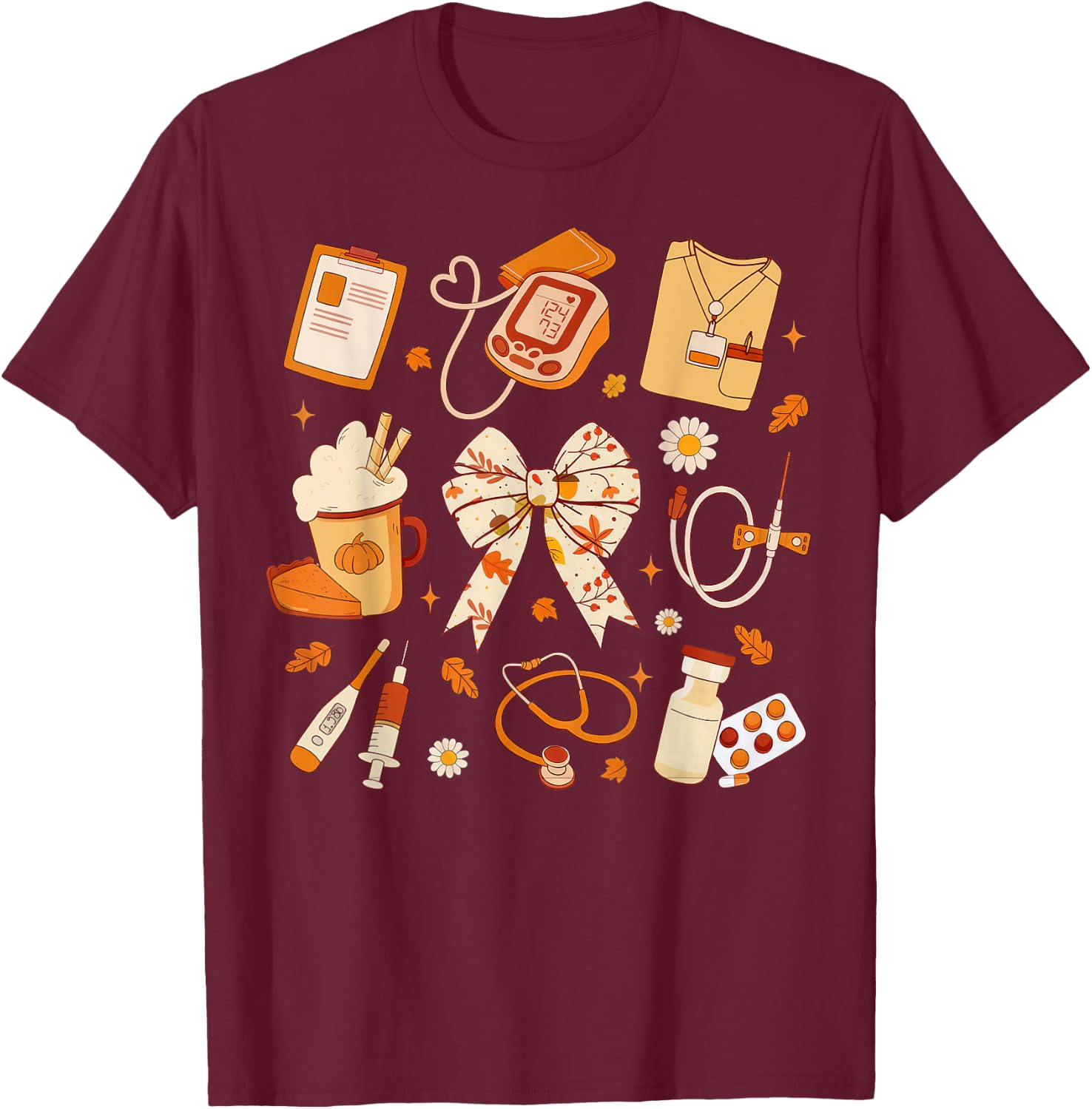 Thankful Nurse Fall Stethoscope Coquette Bow Thanksgiving T-Shirt - T-Shirt | Maroon