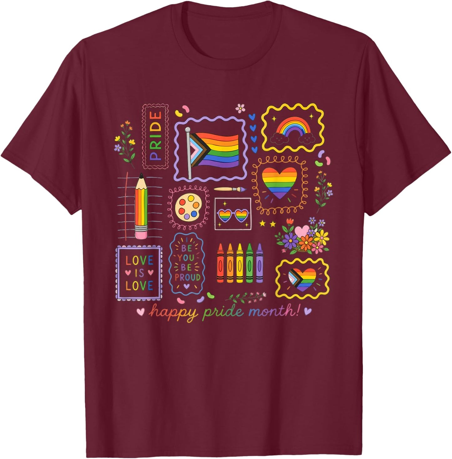 Rainbow Flag Happy Pride Month Gay Ally LGBTQ Love is Love T-Shirt - T-Shirt | Maroon