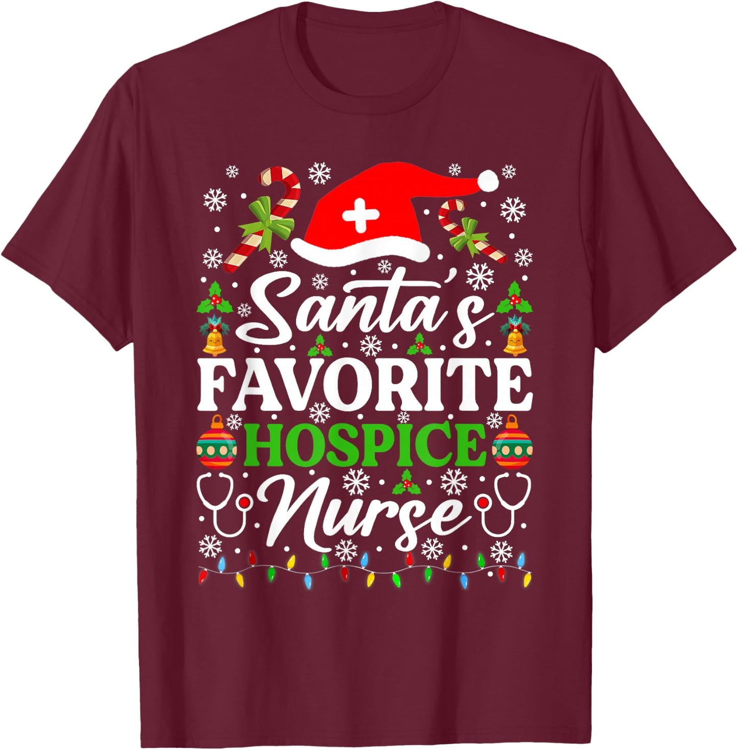 Santa's Favorite Hospice Nurse Shirt Funny Christmas Pajama T-Shirt - T-Shirt | Maroon