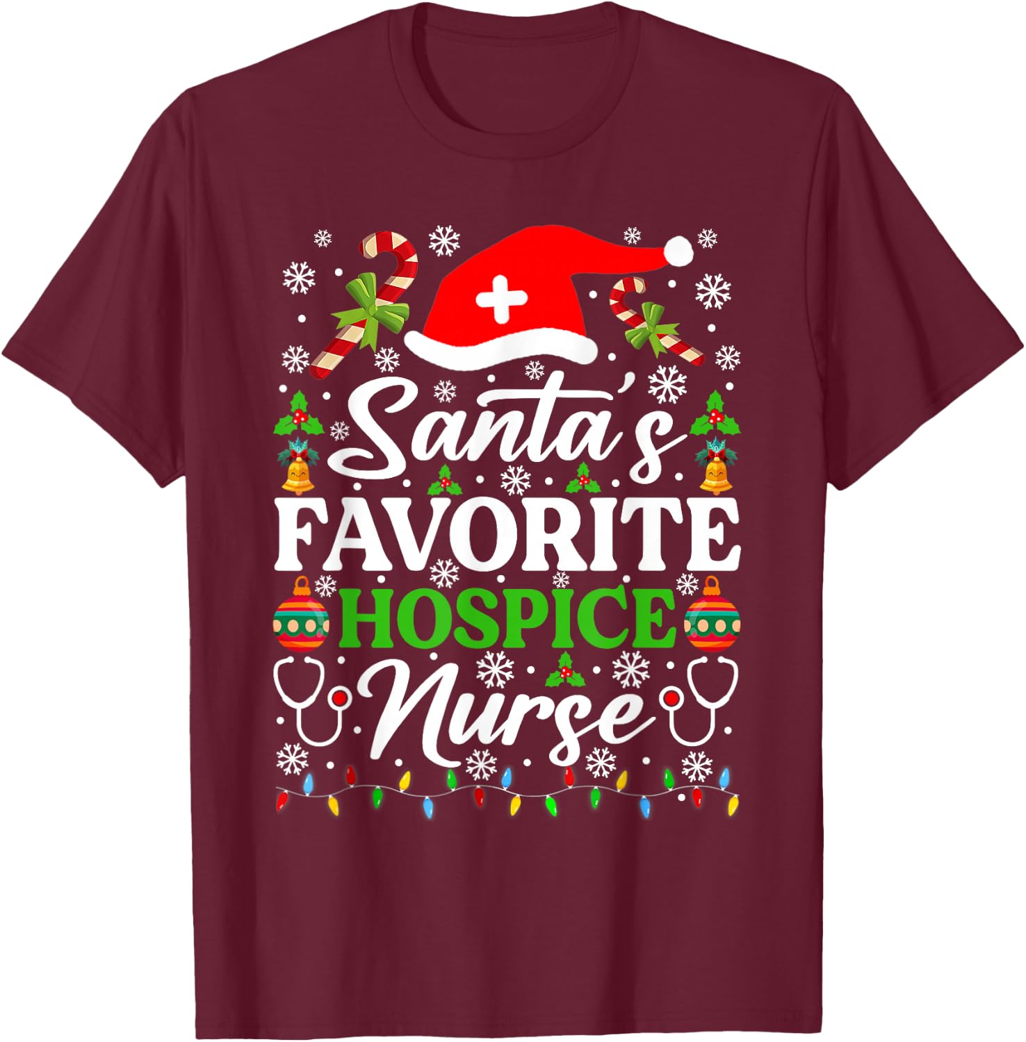 Santa's Favorite Hospice Nurse Shirt Funny Christmas Pajama T-Shirt - T-Shirt | Maroon