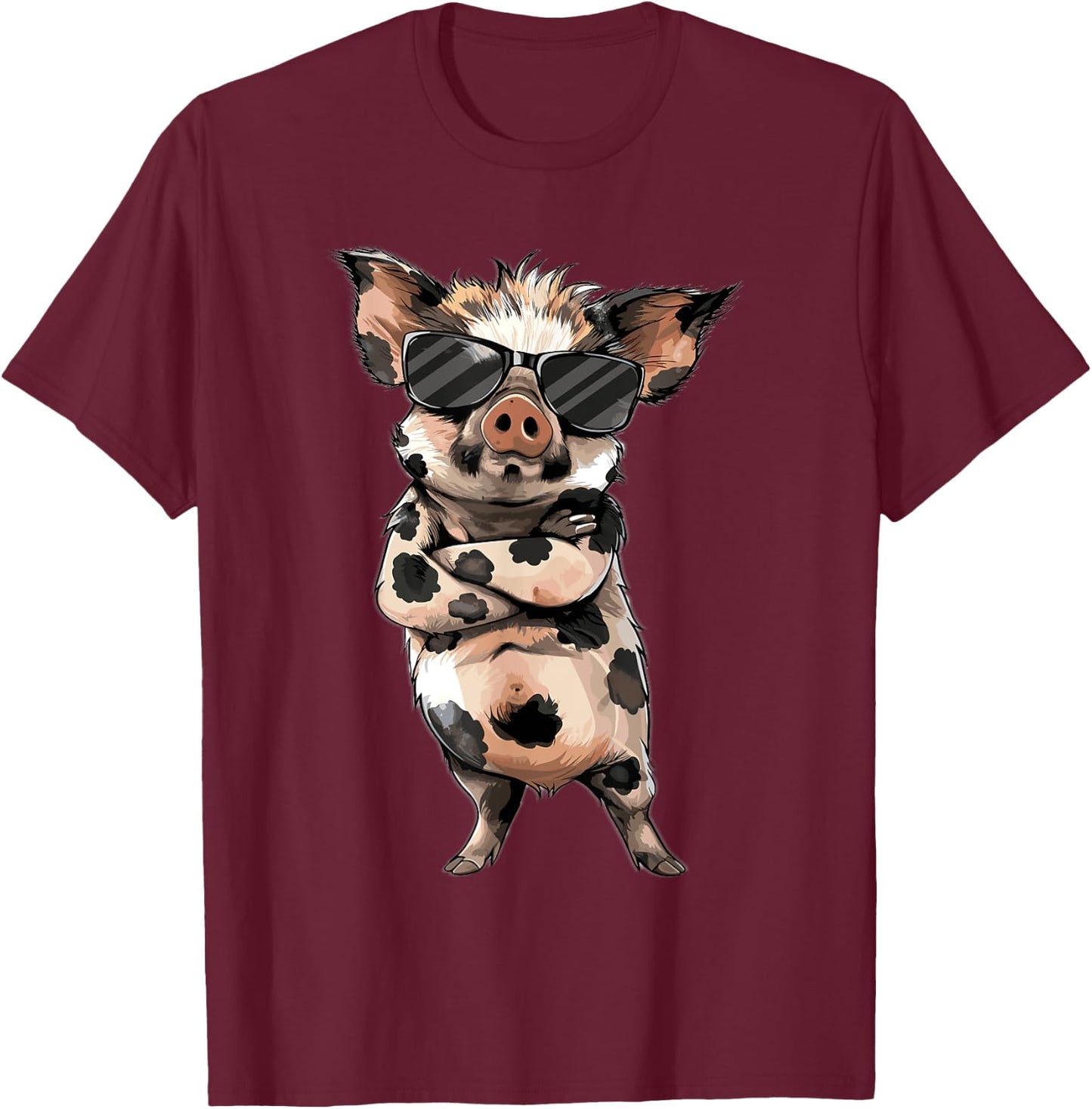 Kune Kune Pig Accessories & KuneKune Clothes -Adult Black Animal Print Design Short Sleeve Cotton Blend Classic Fit Small T-Shirt - T-Shirt | Maroon