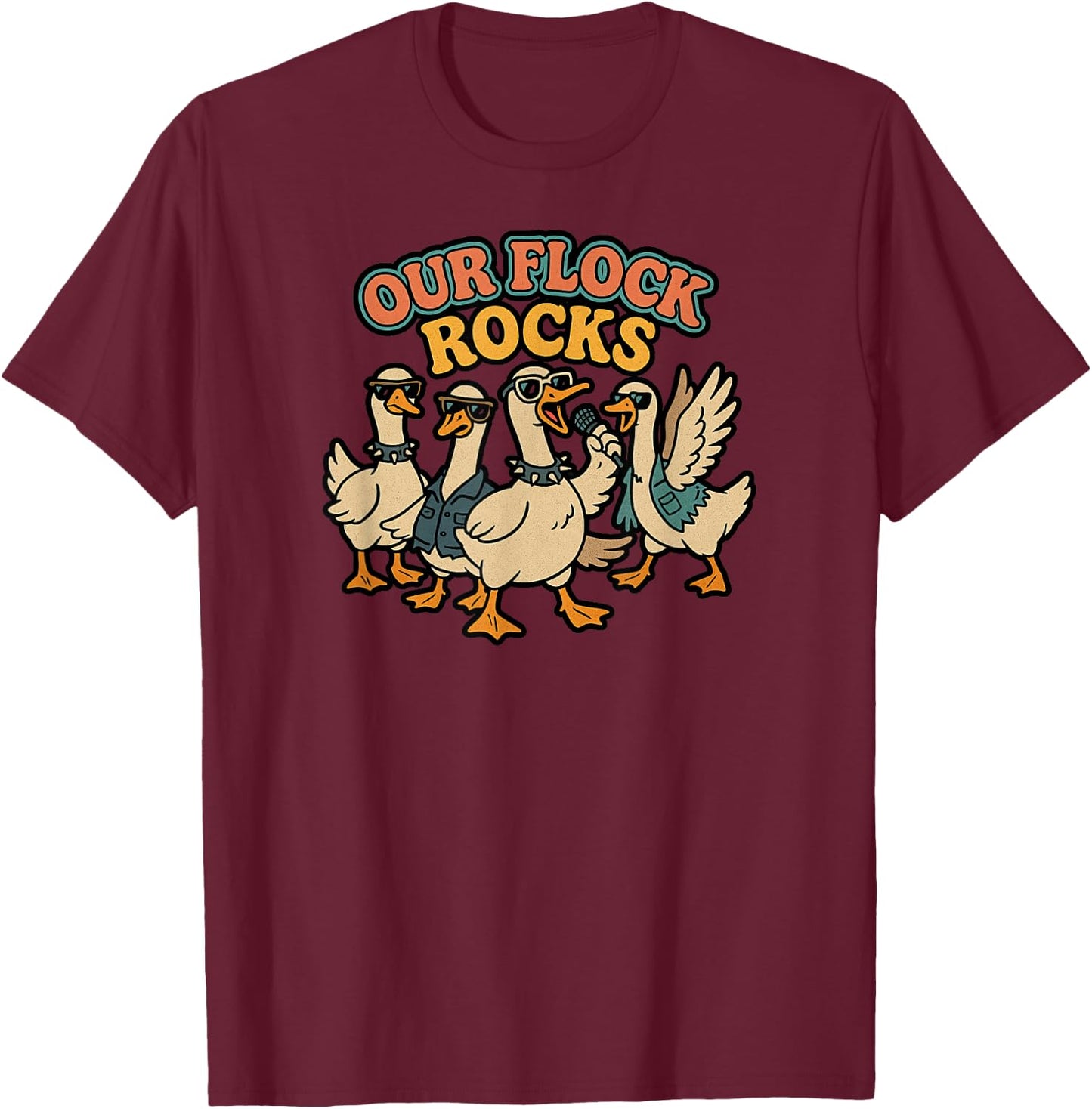 Our Flock Rocks, Punk Geese, Bird Group Vacation Fun T-Shirt - T-Shirt | Maroon