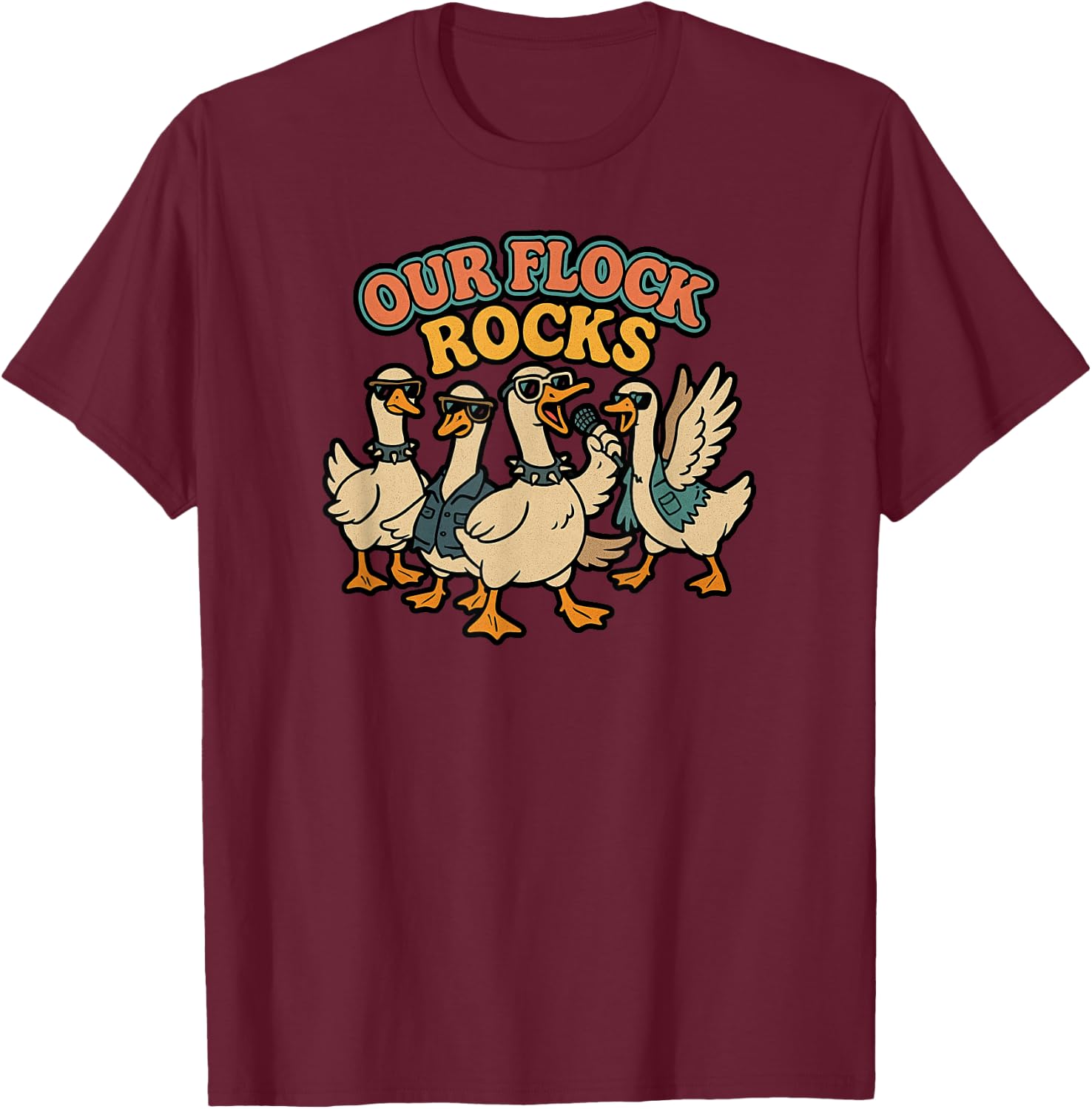 Our Flock Rocks, Punk Geese, Bird Group Vacation Fun T-Shirt - T-Shirt | Maroon