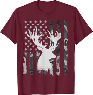 Funny Camouflage USA Flag Whitetail Buck Deer Hunting Lovers T-Shirt - T-Shirt | Maroon