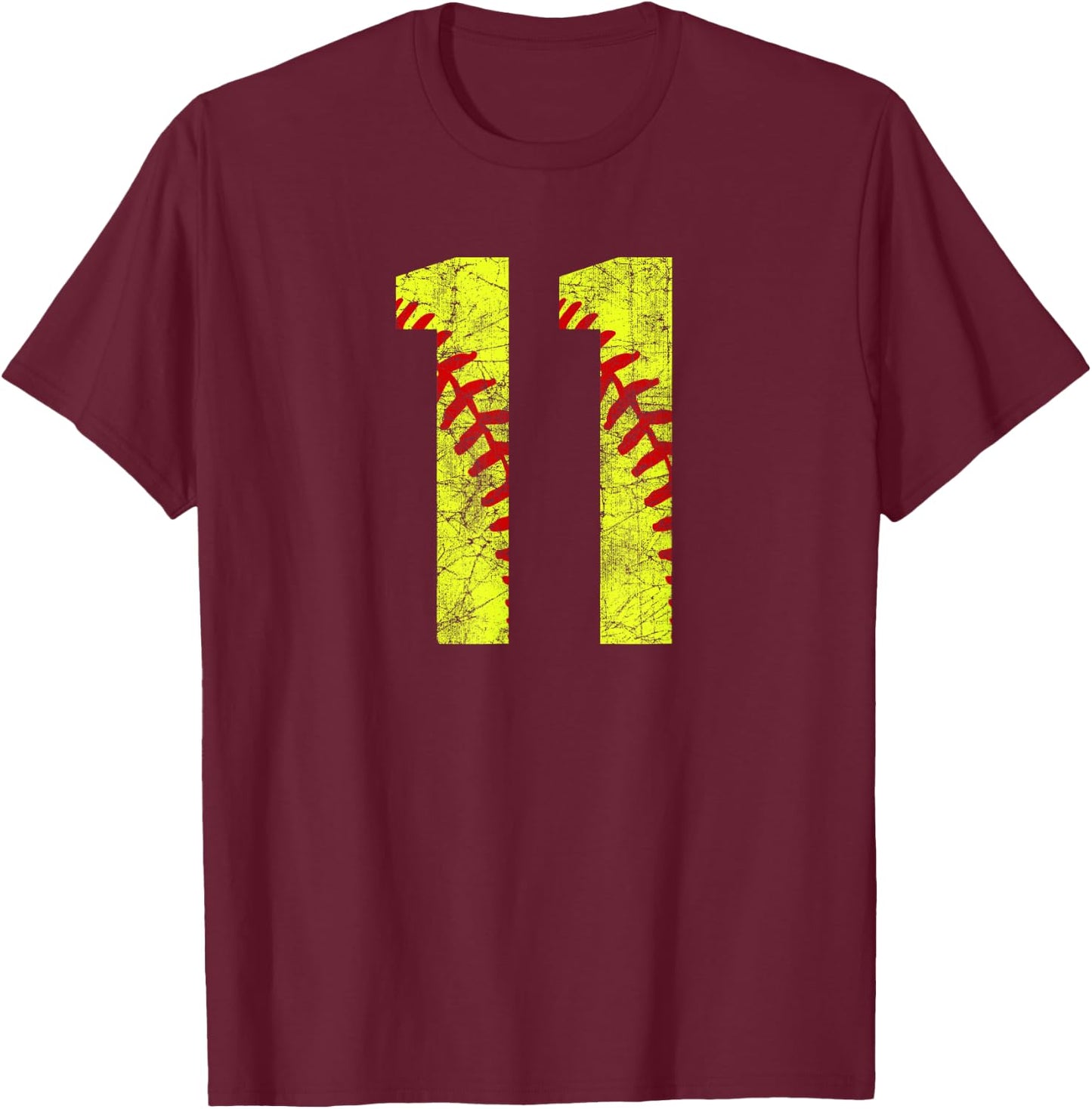 Vintage Distressed Grunge Softball 11 Jersey Number T-Shirt - T-Shirt | Maroon