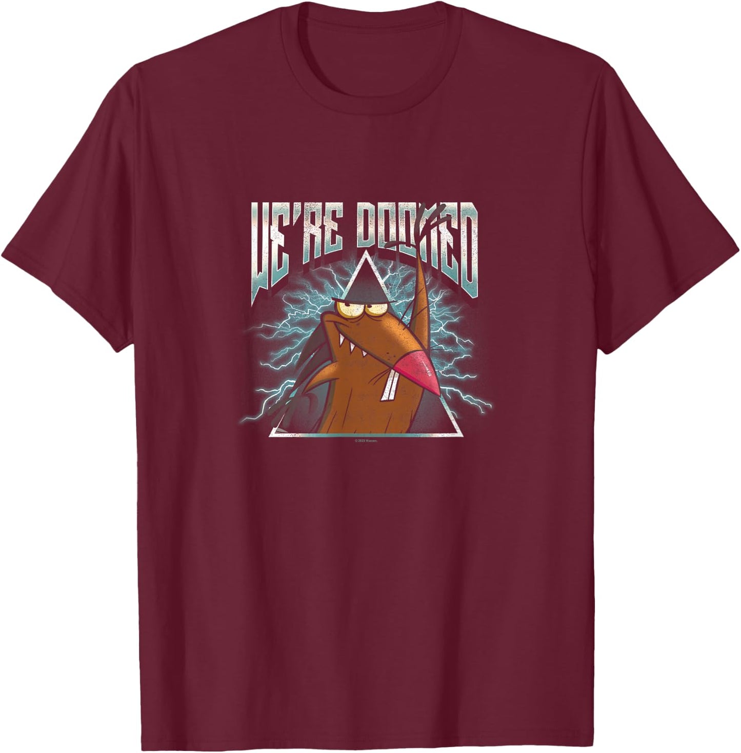 Angry Beavers Daggett We're Doomed Lightning Metal Badge T-Shirt - T-Shirt | Maroon