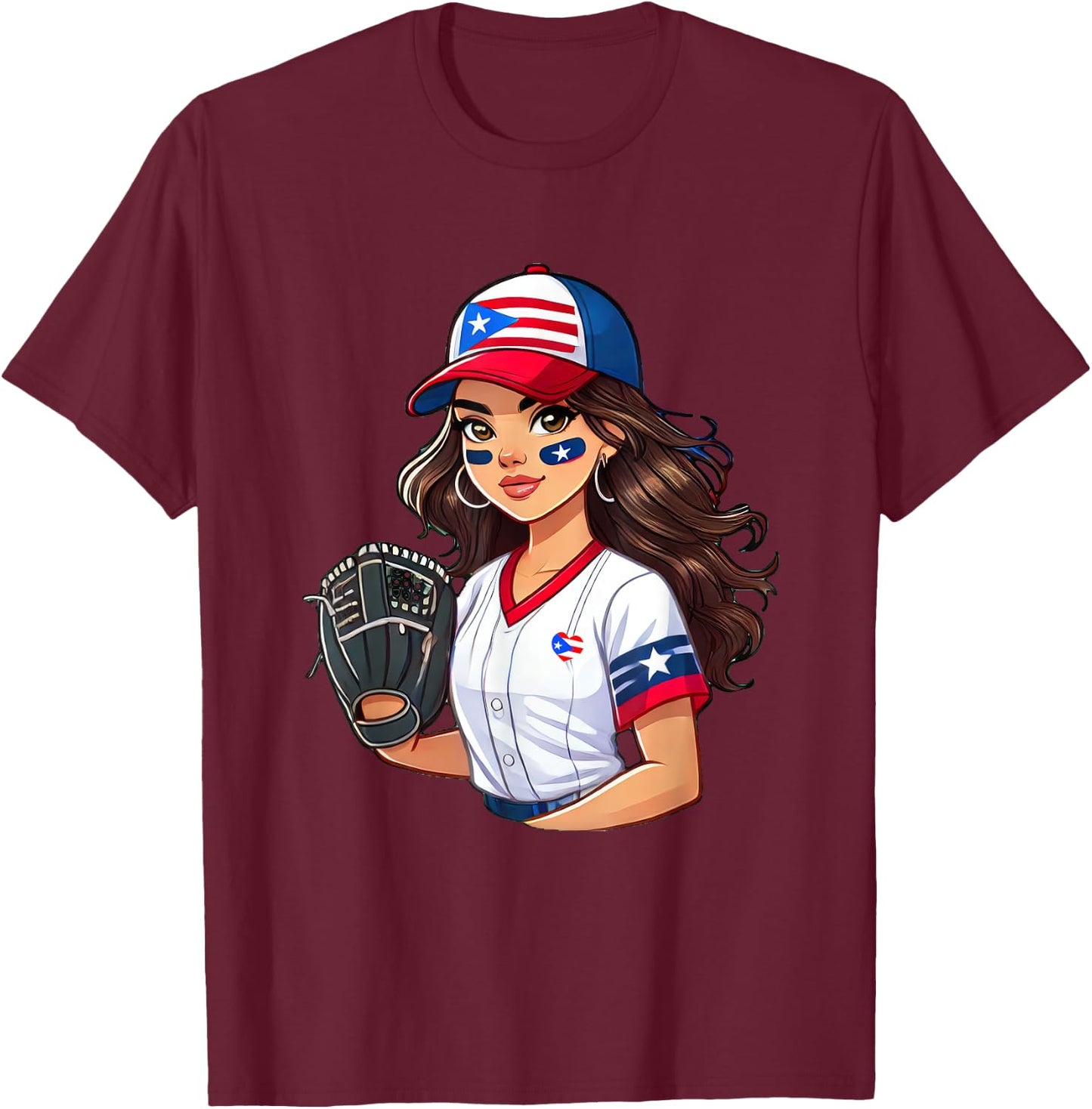 Puerto Rico Softball Baseball Boricua Flag Girl Cool T-Shirt - T-Shirt | Maroon