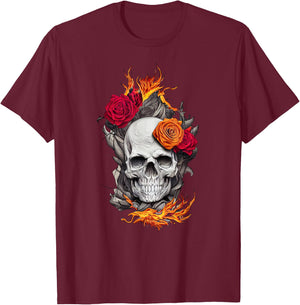 Flaming Skull and Roses T-Shirt - T-Shirt | Maroon