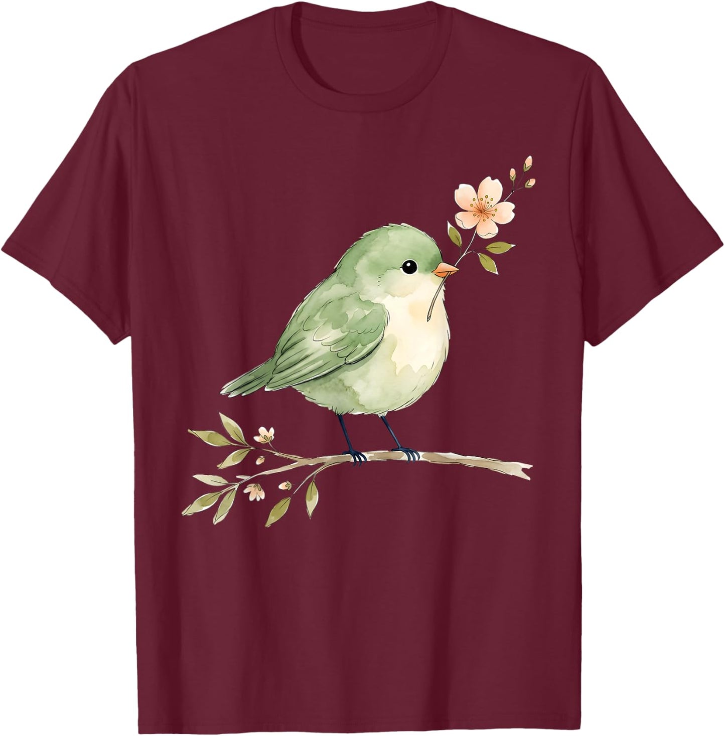 Cute Bird with Flower Vintage Nature Lover Spring Aesthetic T-Shirt - T-Shirt | Maroon