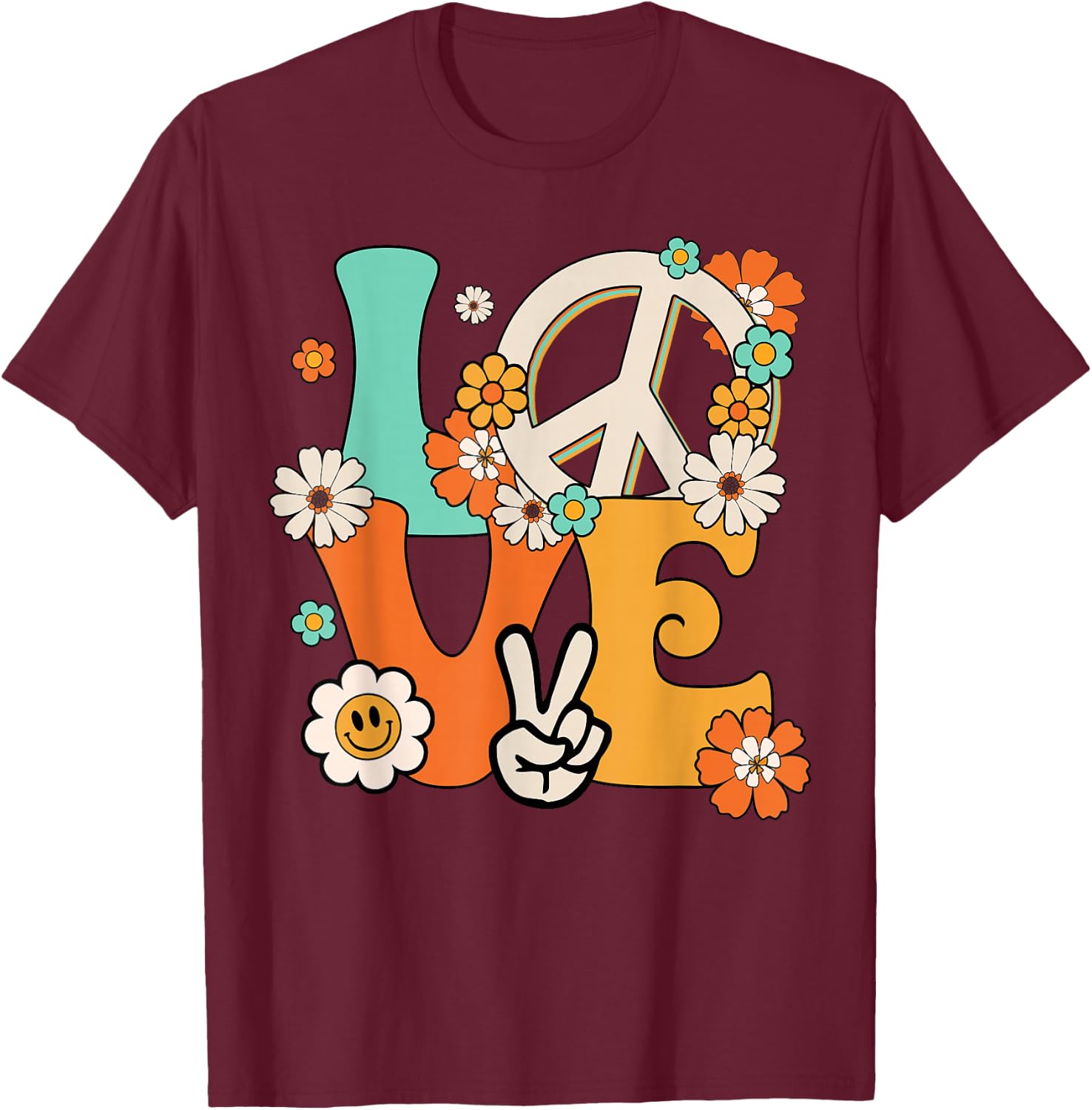 Peace Sign Love 60s & 70s Hippie Style Shirt T-Shirt - T-Shirt | Maroon