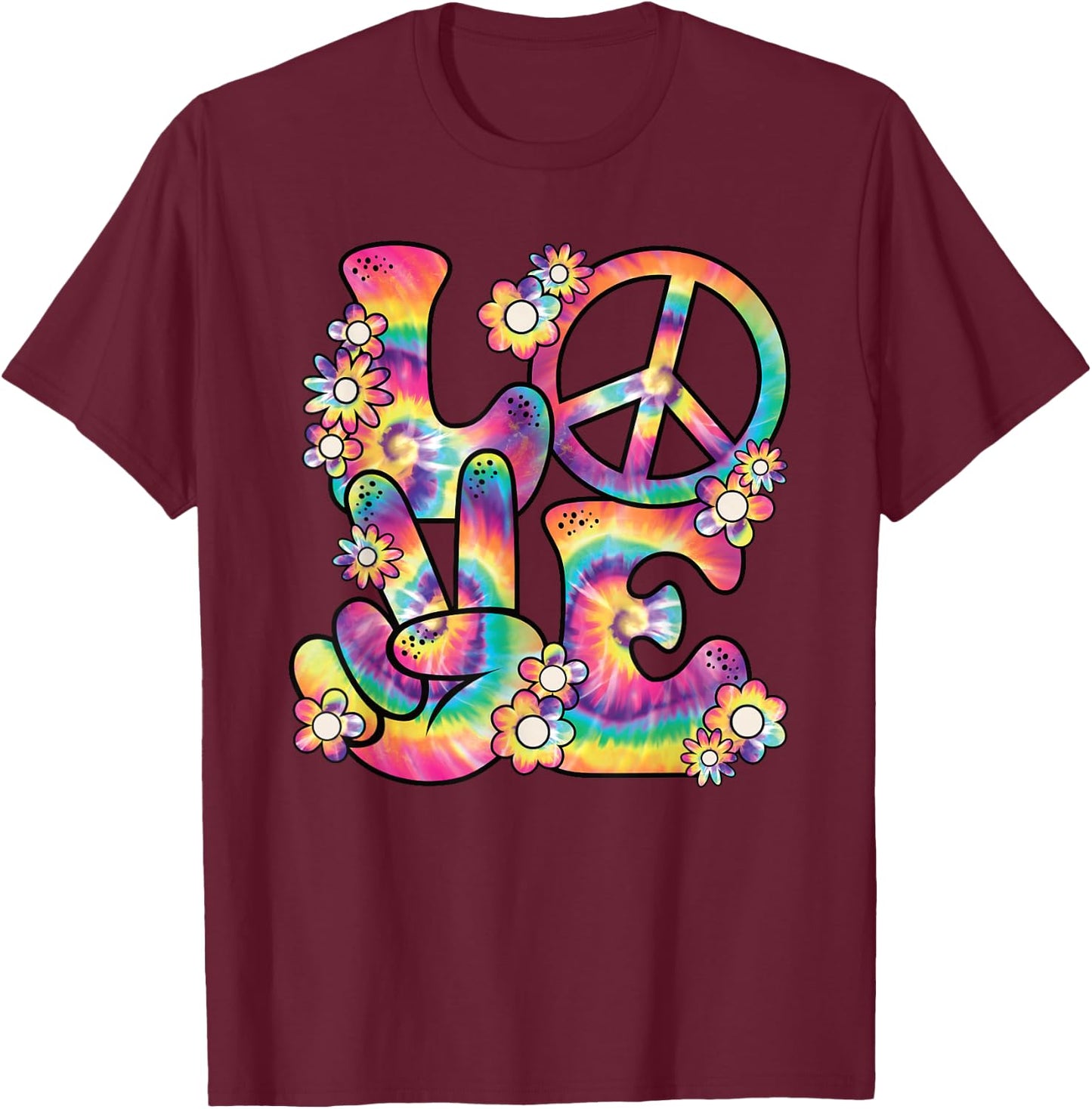 Hippie Love Peace 60s 70s Theme Party Outfit Costume , black T-Shirt - T-Shirt | Maroon