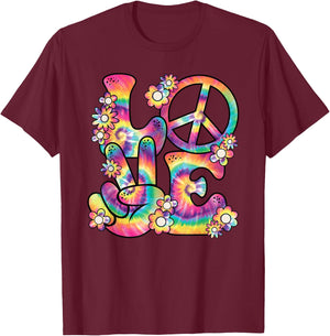 Hippie Love Peace 60s 70s Theme Party Outfit Costume , black T-Shirt - T-Shirt | Maroon