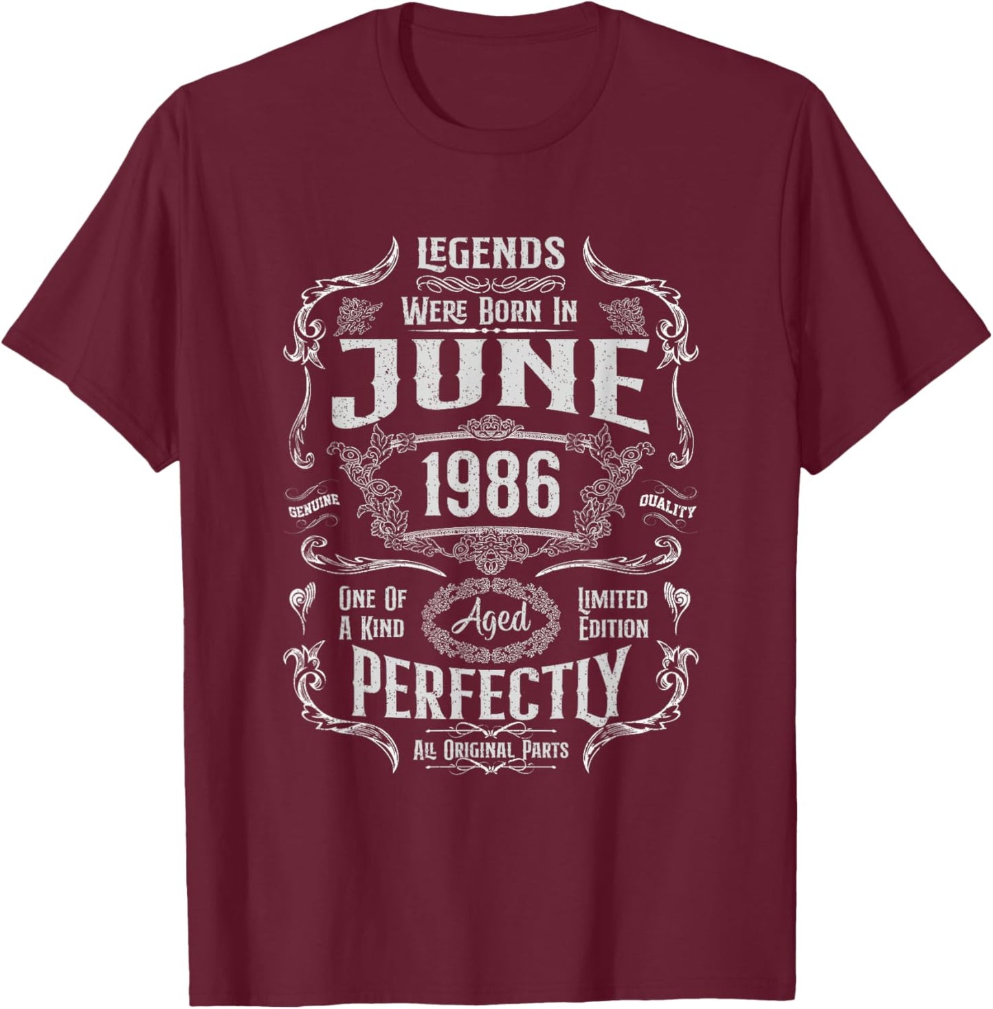 Vintage 40th Birthday Legends were Born in June 1986 T-Shirt - T-Shirt | Maroon
