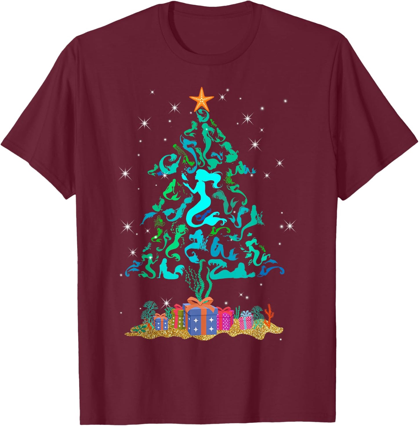 Retro Mermaid Christmas Tree Funny Mermaid Xmas T-Shirt - T-Shirt | Maroon