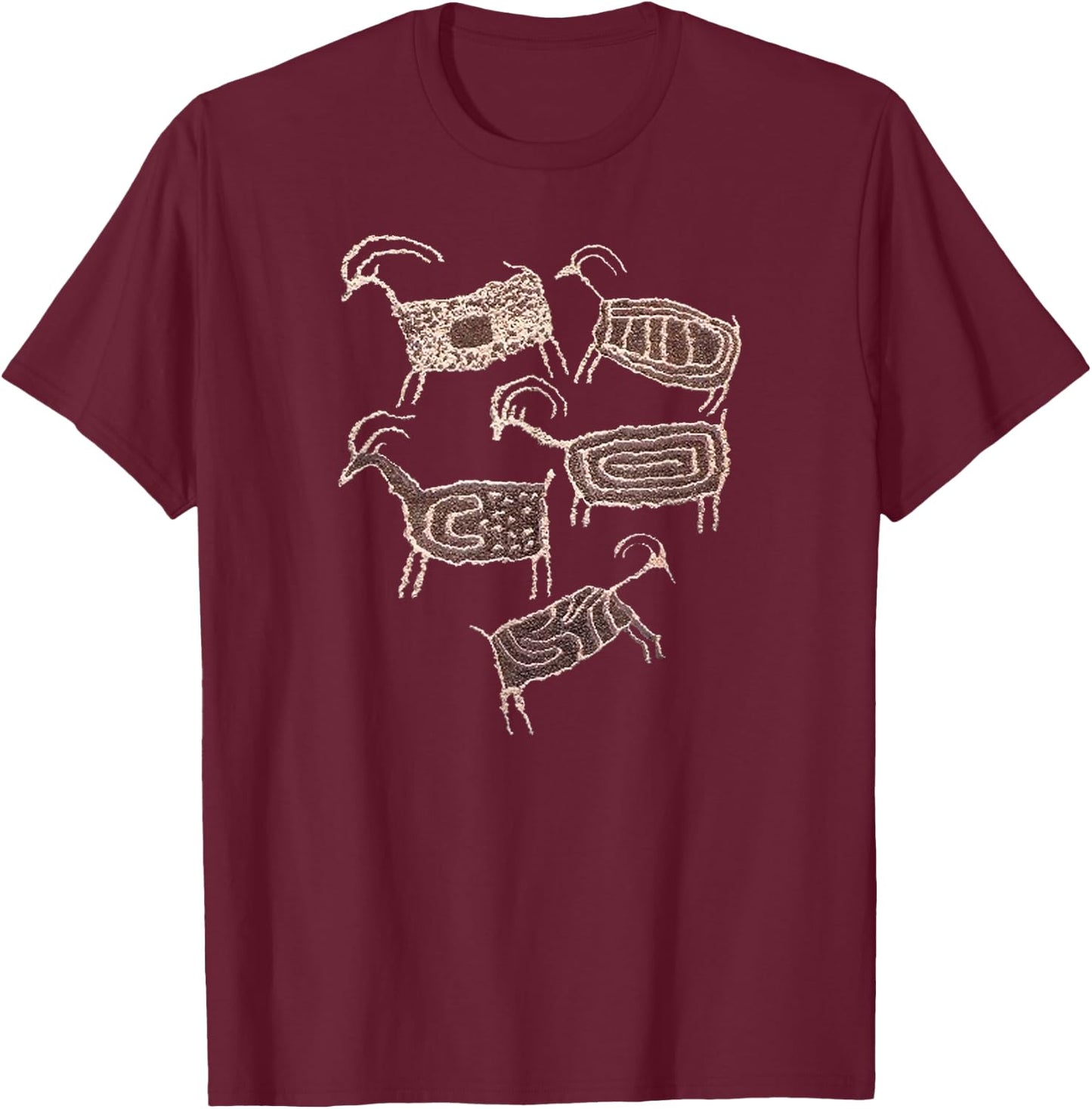 Petroglyphs. Rock Art. Five Patterned Bighorn Ram Sheep. T-Shirt - T-Shirt | Maroon