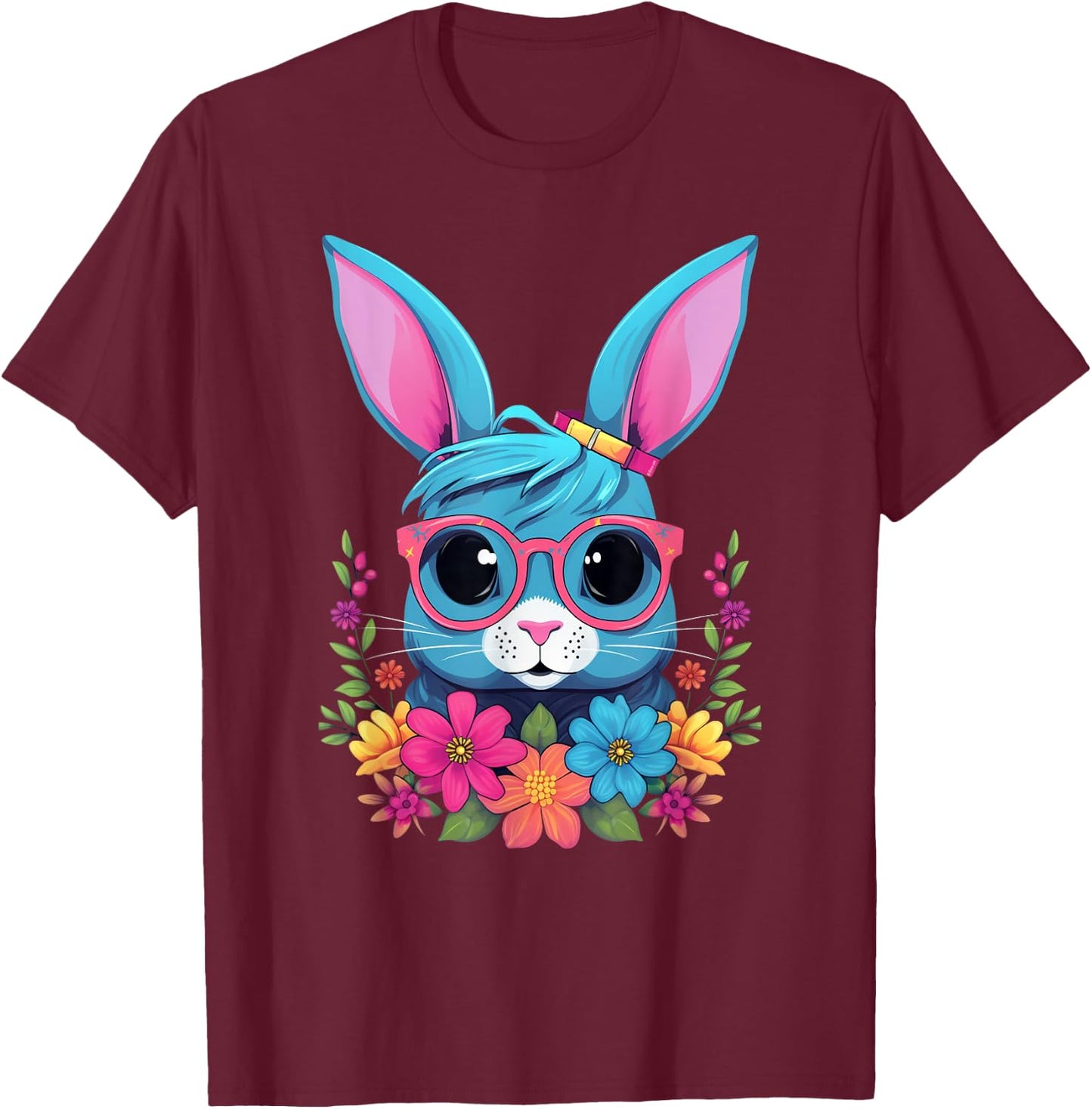 Cute Rabbit Girl With Flowers I Rabbit T-Shirt - T-Shirt | Maroon