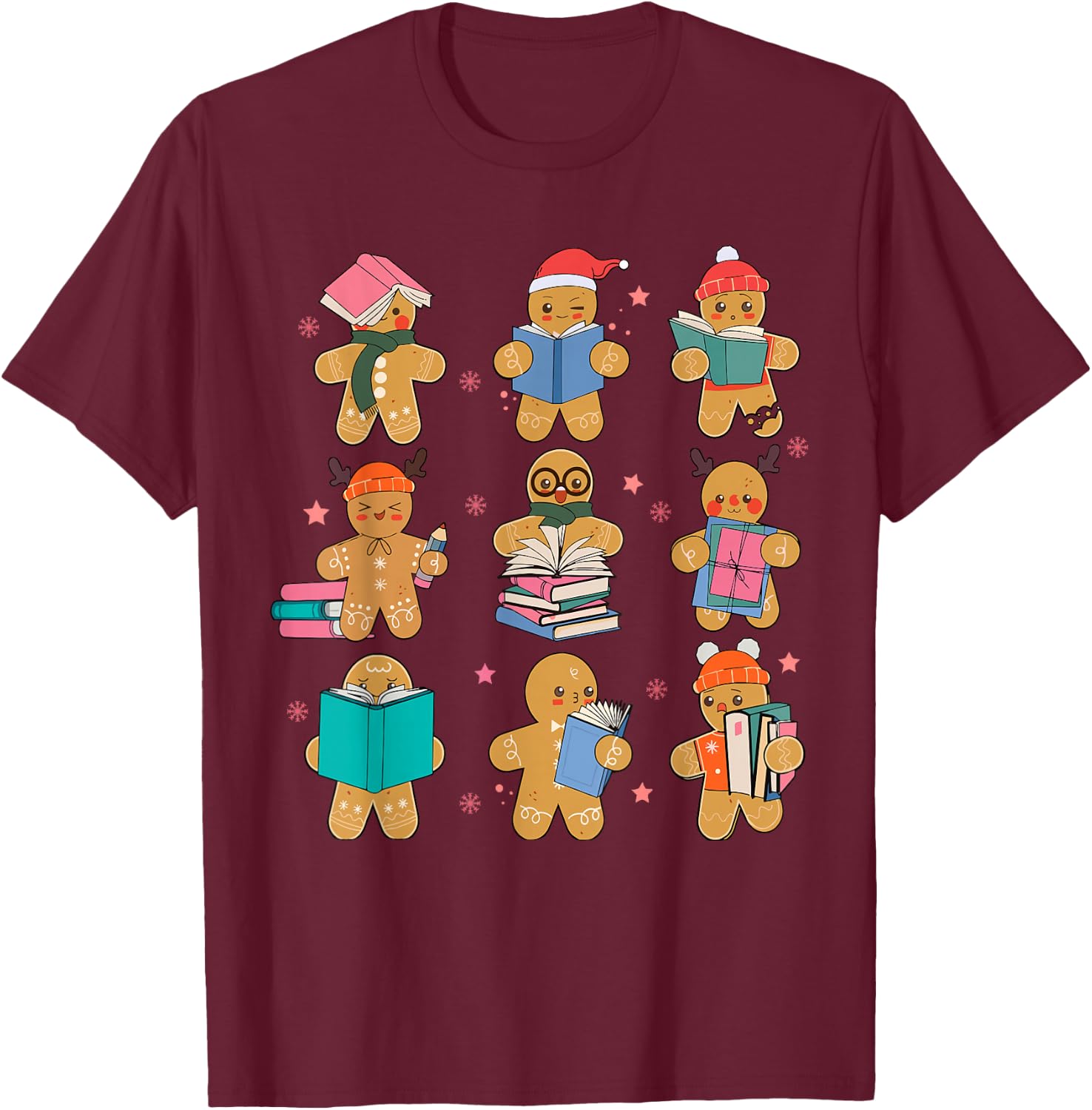 Gingerbreads Christmas Teacher Team Gingerbread Book Reading T-Shirt - T-Shirt | Maroon