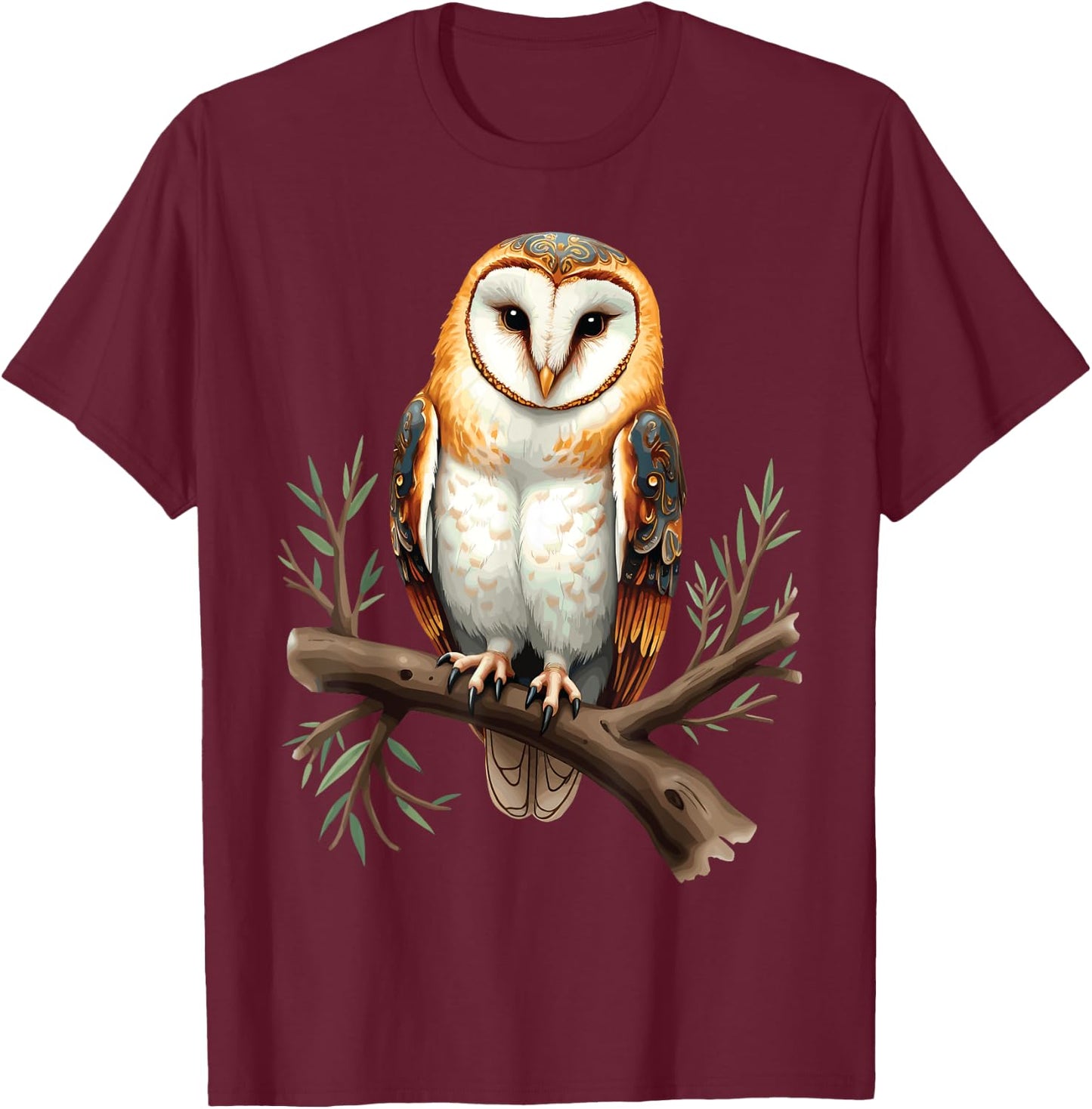 Perched Owl, Owl Illustration T-Shirt - T-Shirt | Maroon