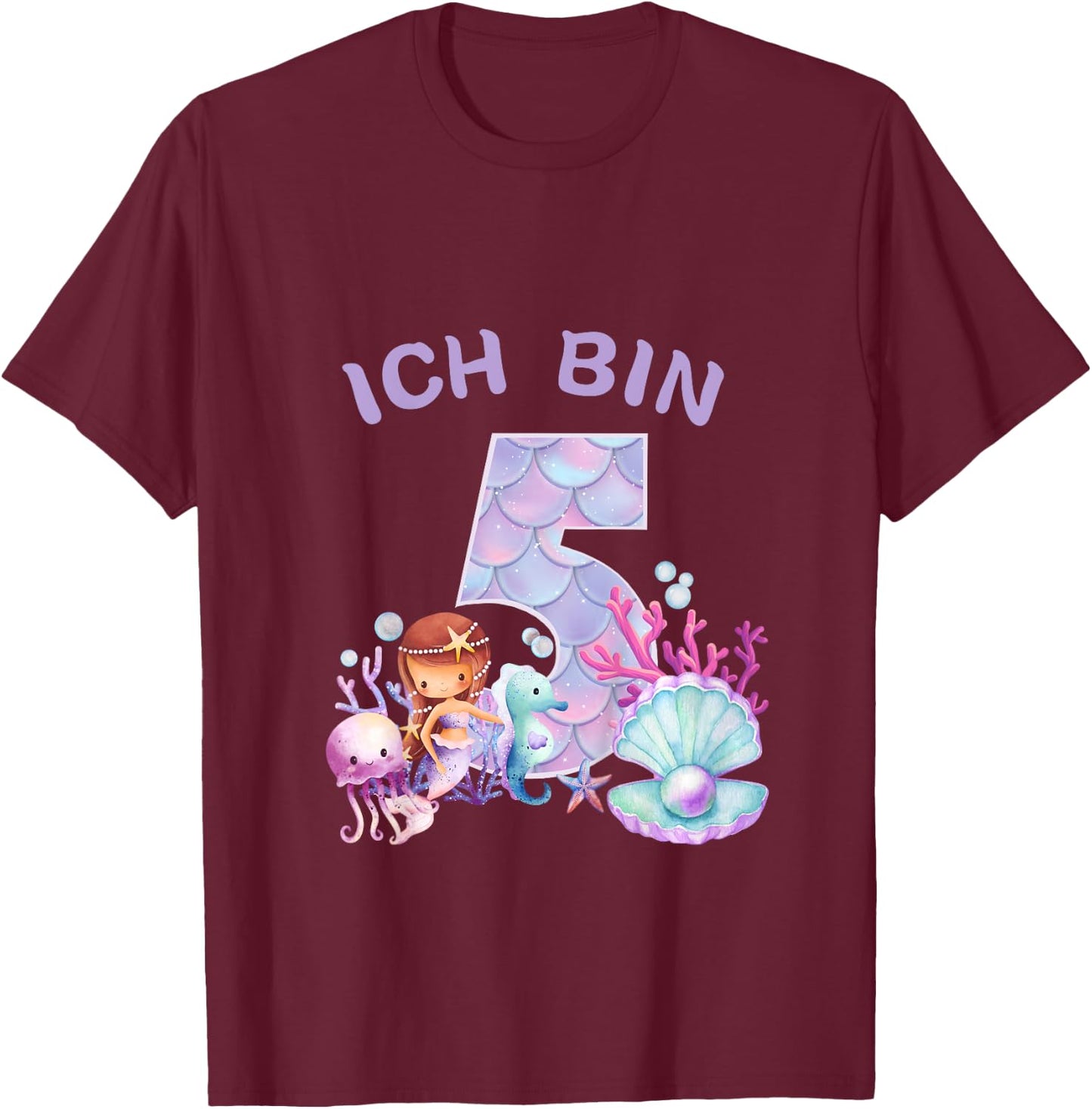 Kids Kids 5th Birthday Shirt Mermaid Mermaid Girls 5 Years , black T-Shirt - T-Shirt | Maroon