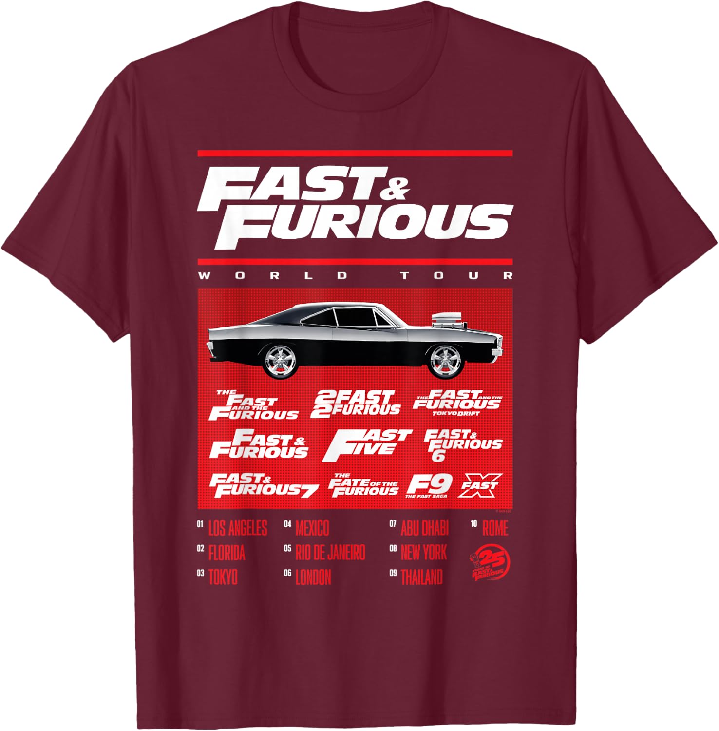 Fast & Furious 25th Anniversary World Tour Muscle Car T-Shirt - T-Shirt | Maroon