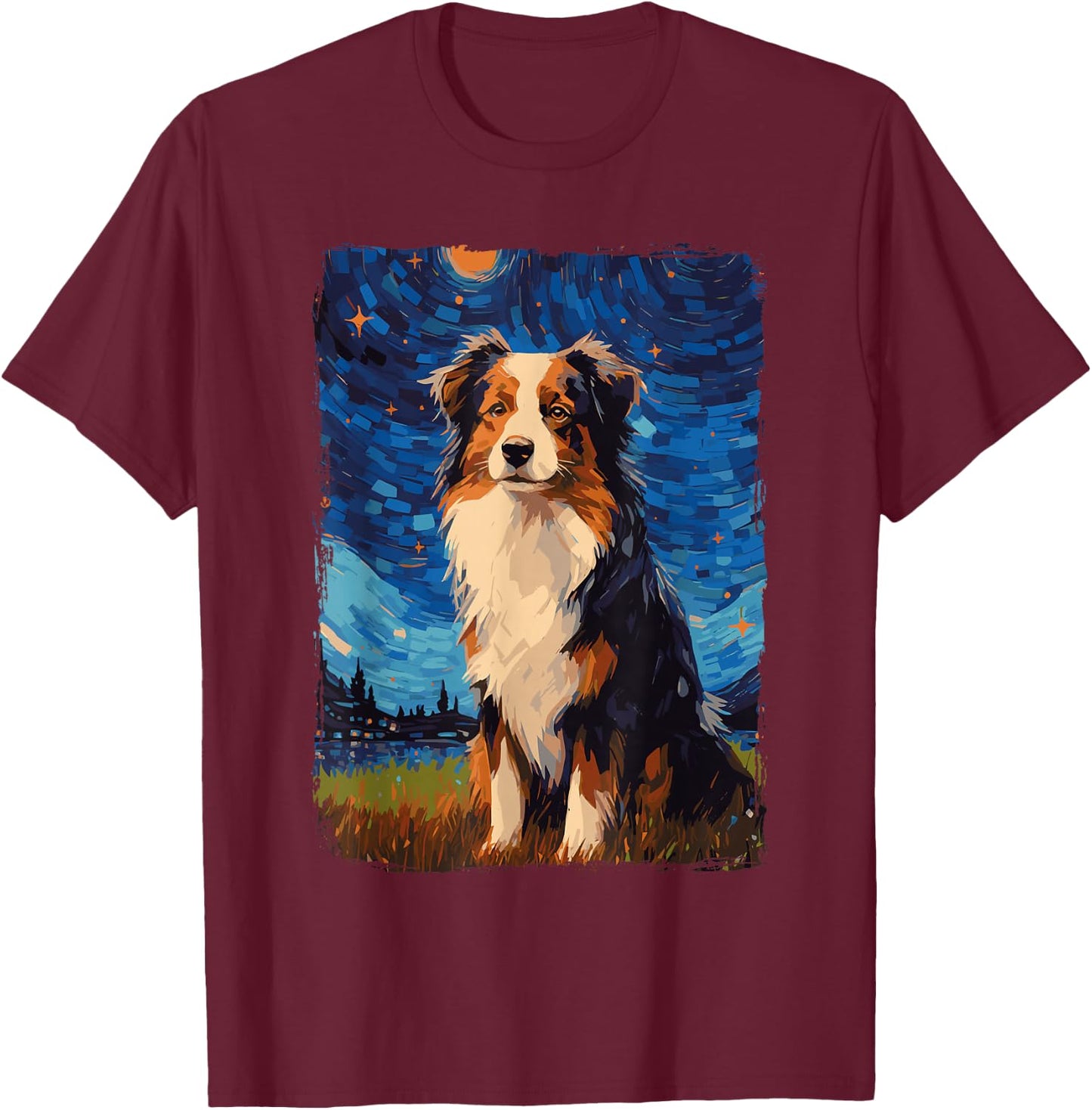 Australian Shepherd Starry Night Aussie T-Shirt - T-Shirt | Maroon