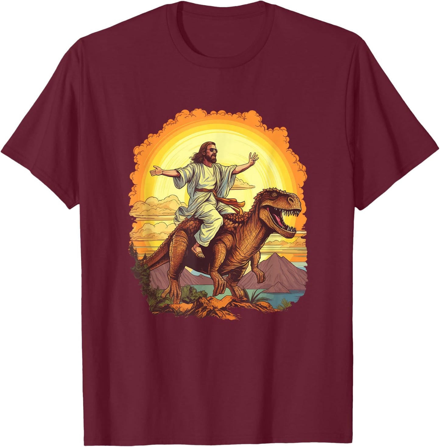 Lustiger Jesus reitender T-Rex Dinosaurier Meme Parodie für Gläubige T-Shirt - T-Shirt | Maroon