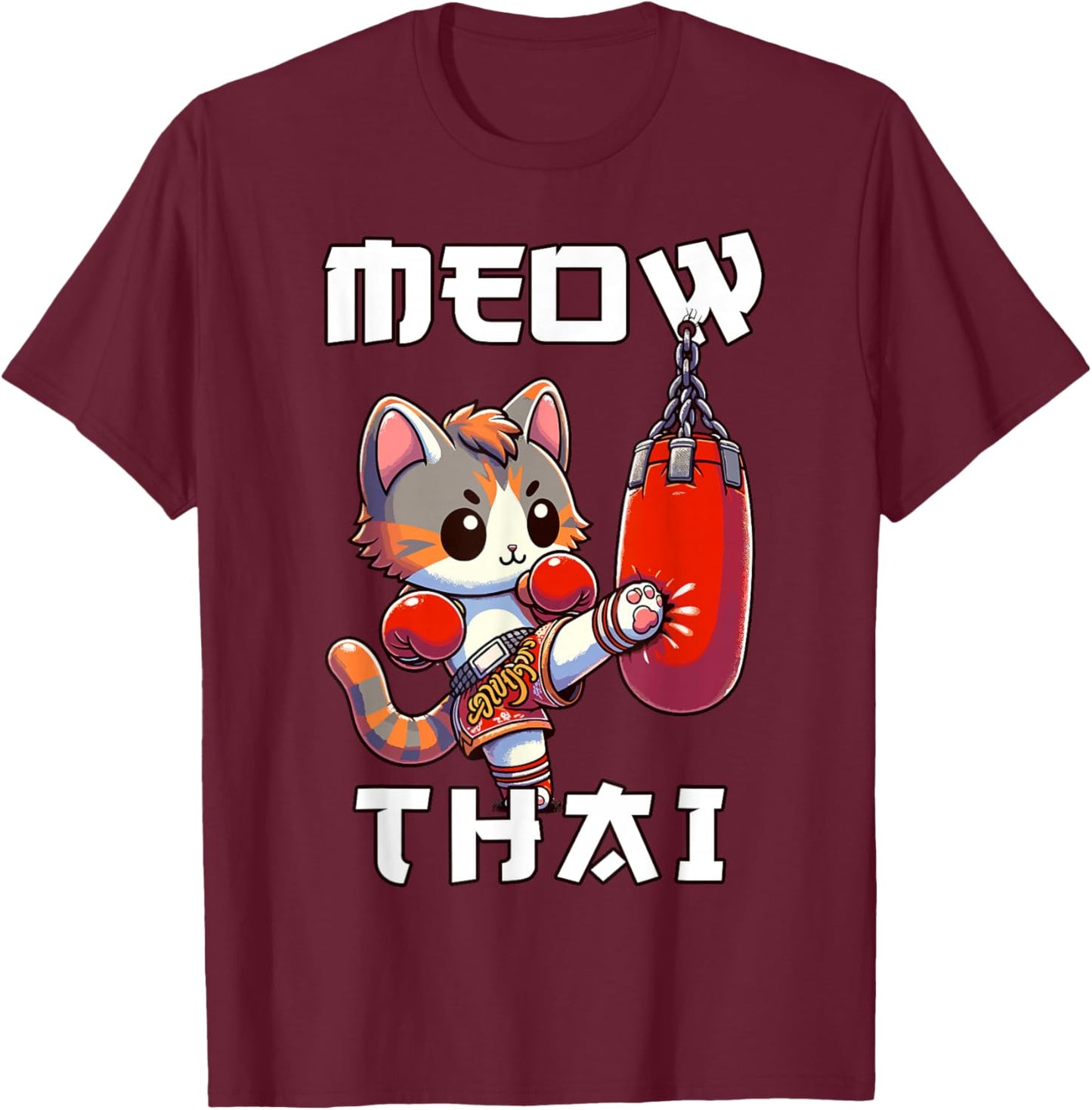Funny Muay Thai | Meow Thai & Thai Boxing | Muay Thai Cat T-Shirt - T-Shirt | Maroon