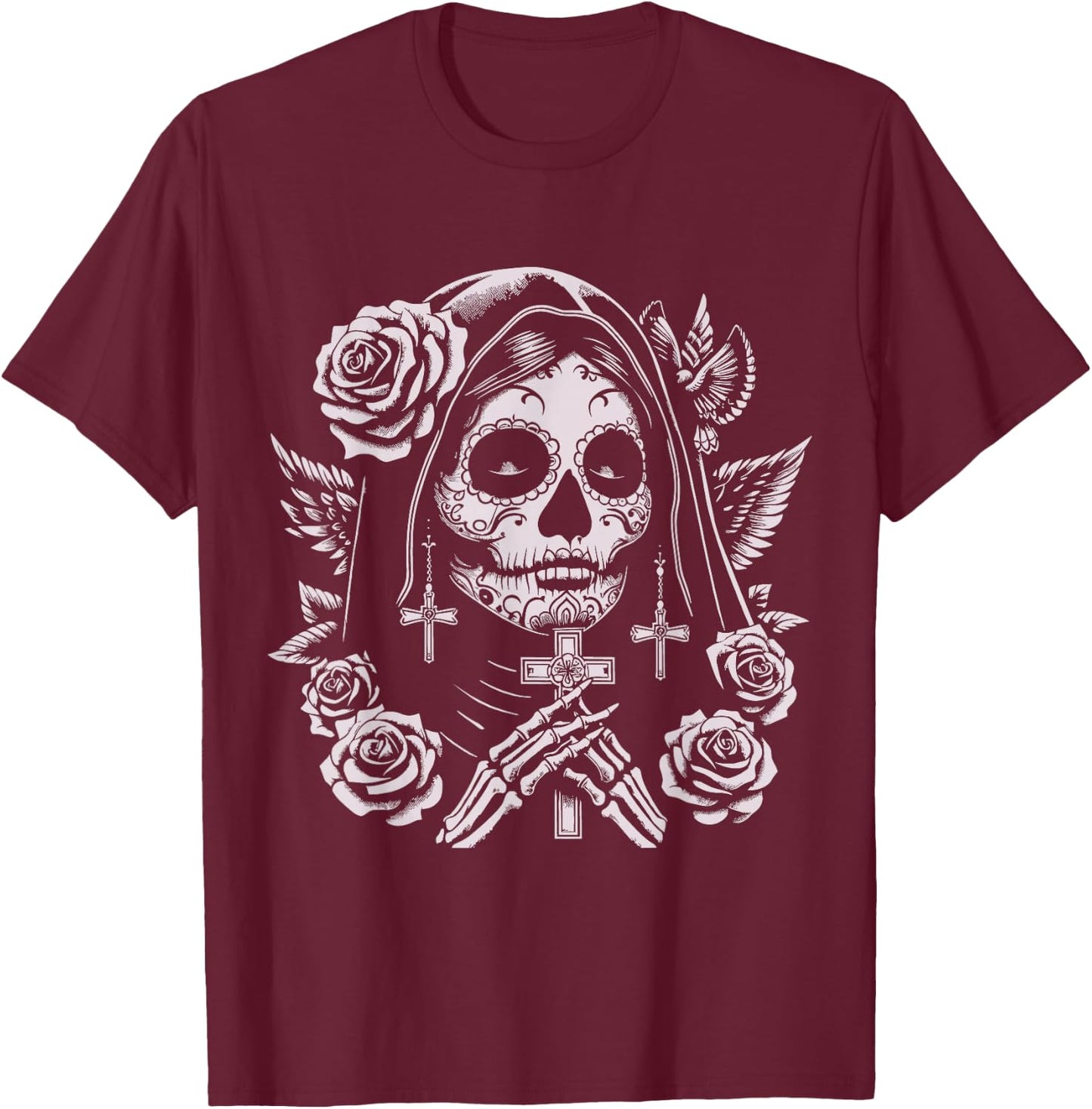 Skull Santa Muerte Grim Reaper , Black, S T-Shirt - T-Shirt | Maroon