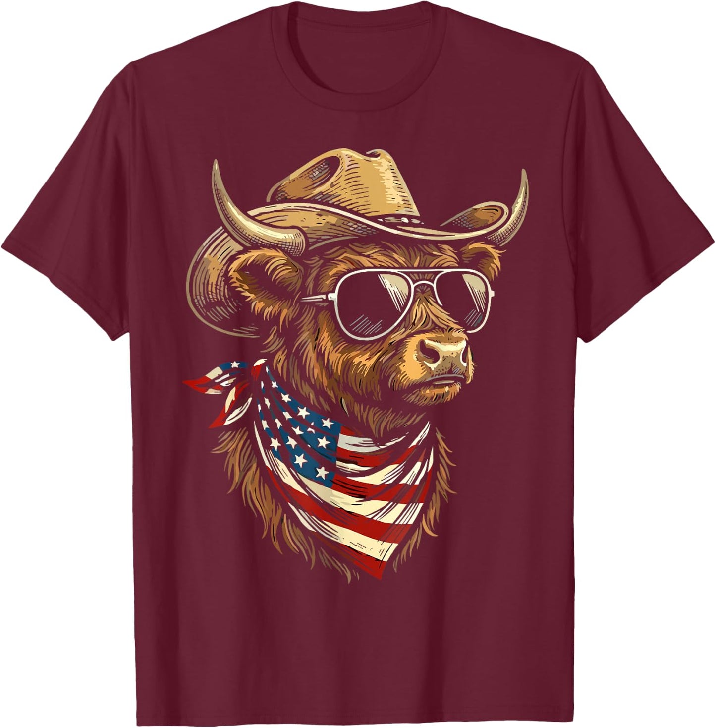 USA Patriotic Cowboy Highland Cow Western 4th of July T-Shirt - T-Shirt | Maroon
