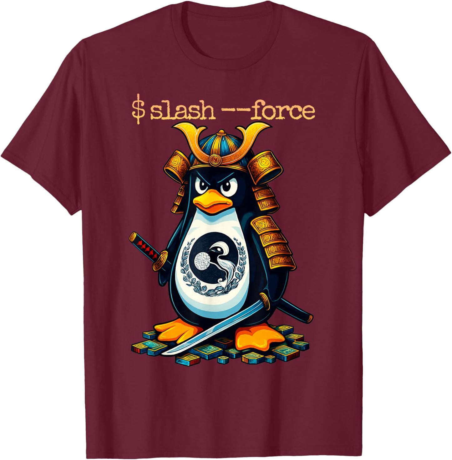 Ancient Linux Penguin Samurai Sword Master Coding T-Shirt - T-Shirt | Maroon