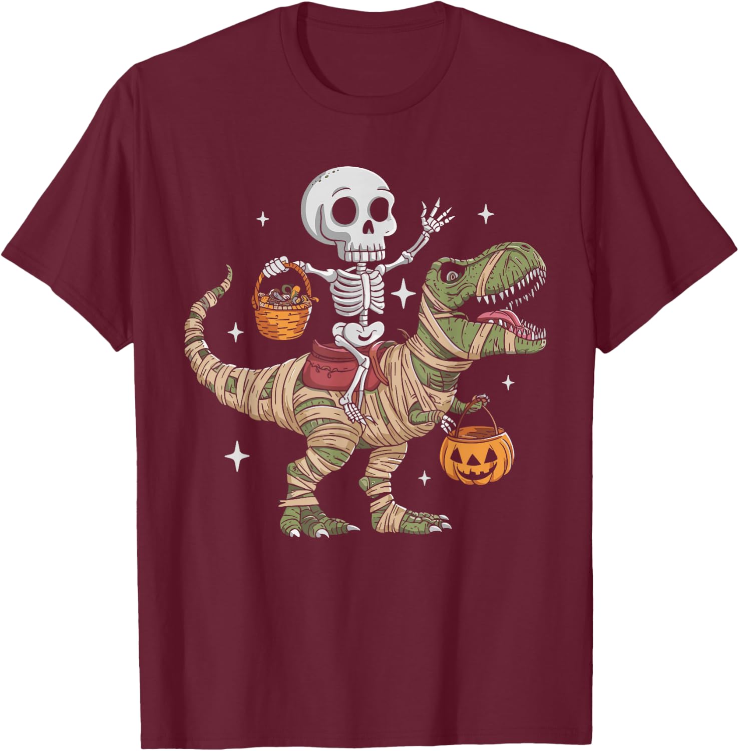 Skeleton Riding Mummy Dinosaur T Rex Pumpkin Happy Halloween T-Shirt - T-Shirt | Maroon