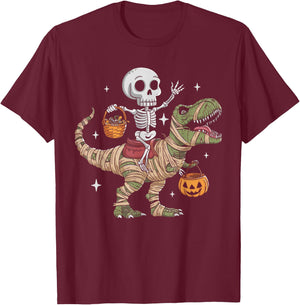 Skeleton Riding Mummy Dinosaur T Rex Pumpkin Happy Halloween T-Shirt - T-Shirt | Maroon