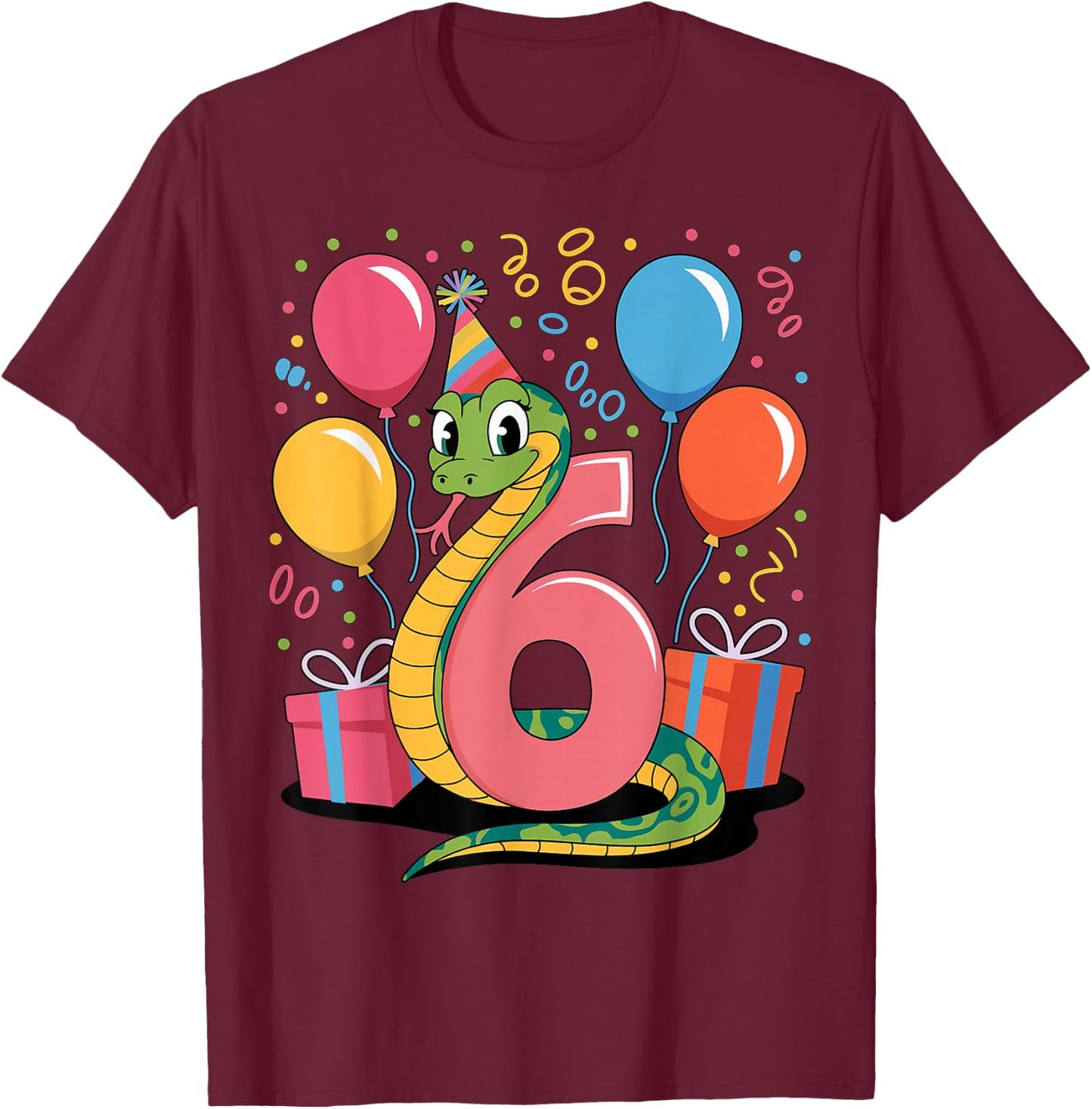 Snake 6th Birthday for Boy Girl 6 Years Old Sixth Snake T-Shirt - T-Shirt | Maroon