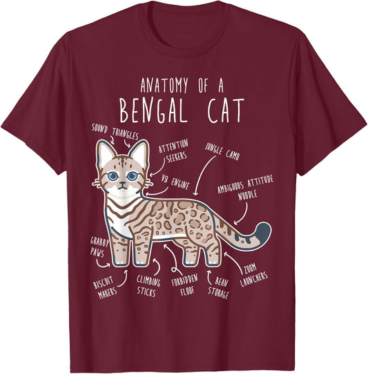 Snow Bengal Cat Seal Lynx Anatomy, Funny Cute Pet Mom Dad Men Women Girls Kids T-Shirt - T-Shirt | Maroon