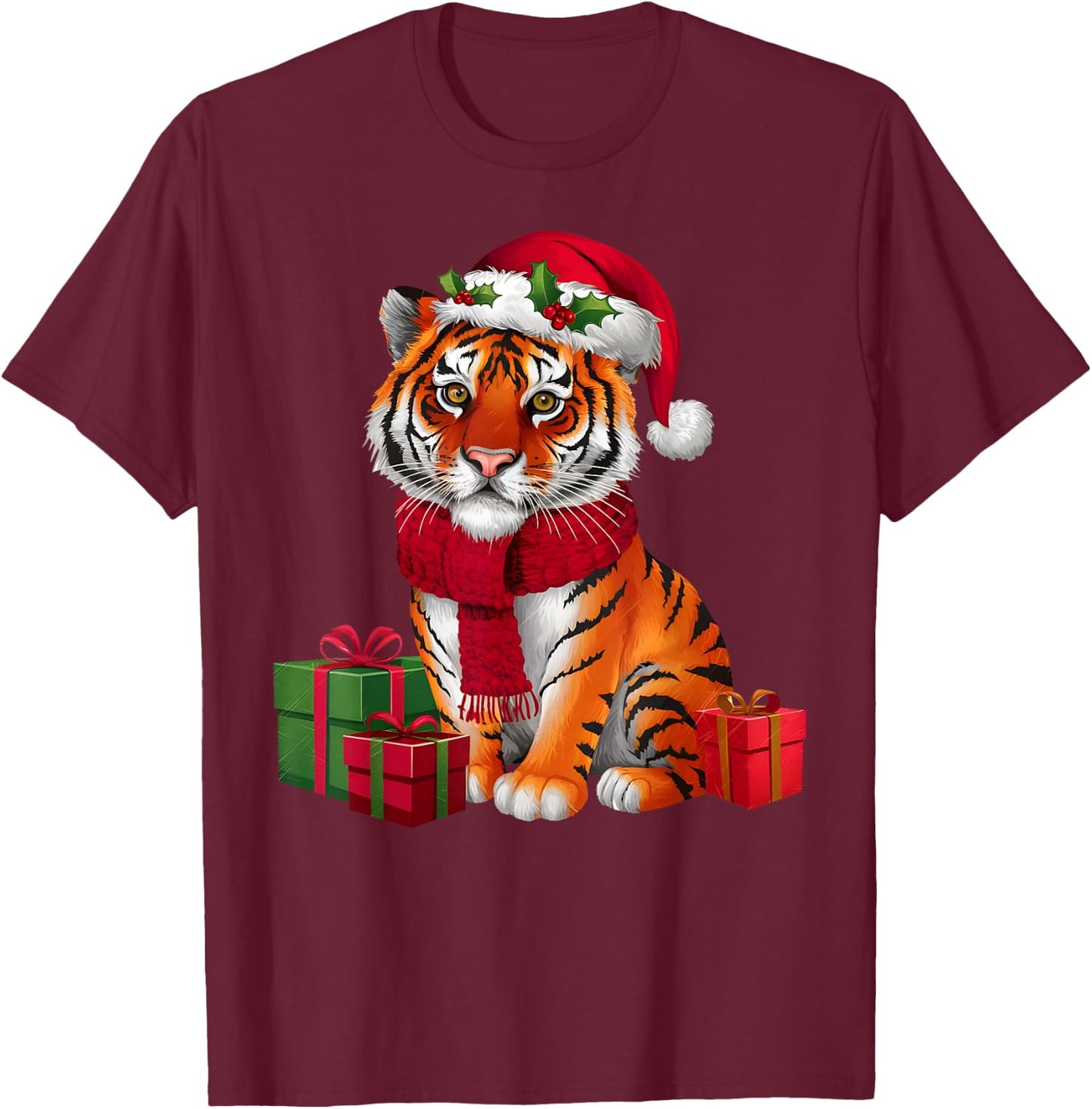 Xmas Holiday Santa Bengal Tiger Christmas T-Shirt - T-Shirt | Maroon