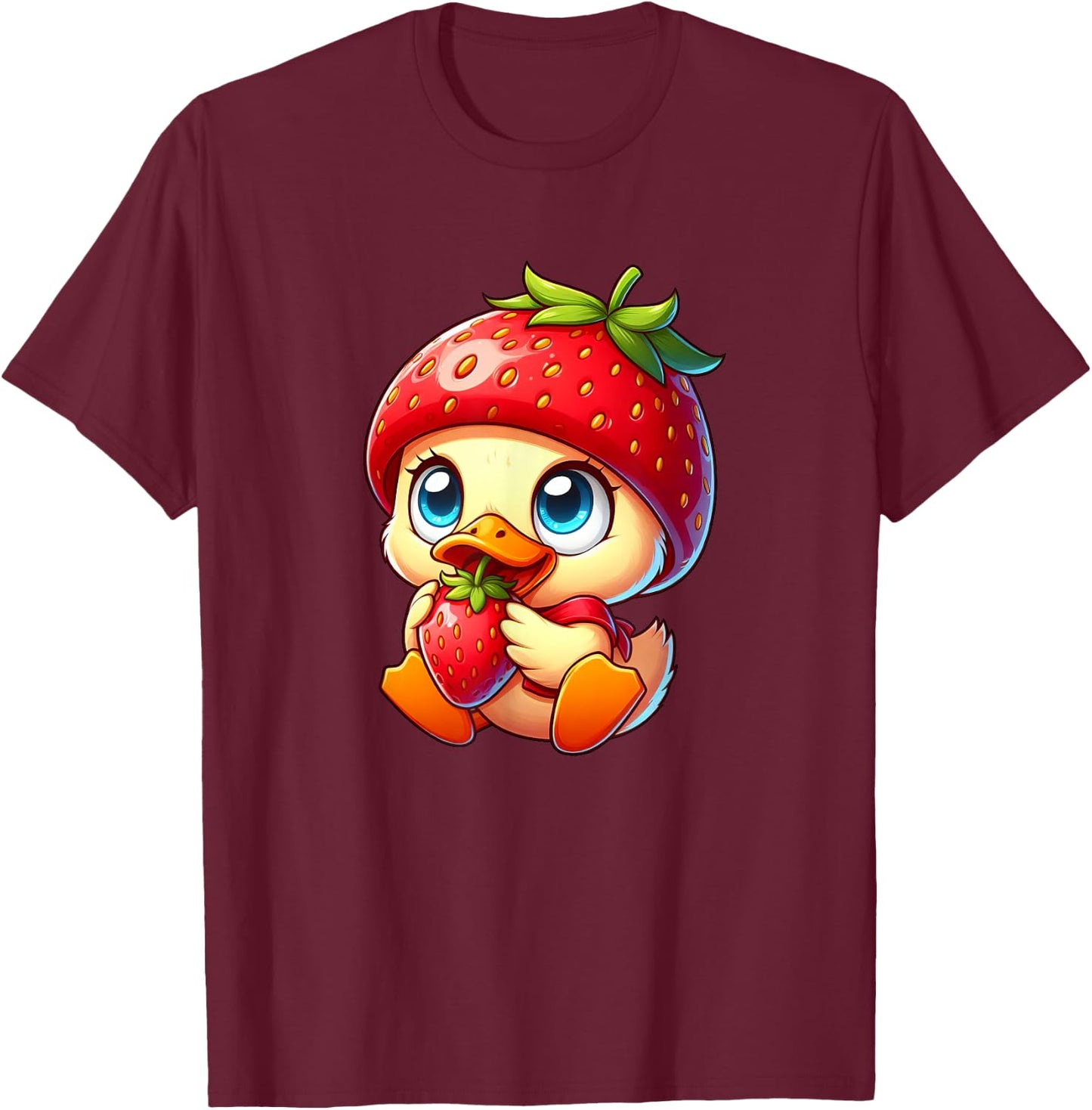 Cute Cartoon Duck Strawberry Fruit Whimsical T-Shirt - T-Shirt | Maroon