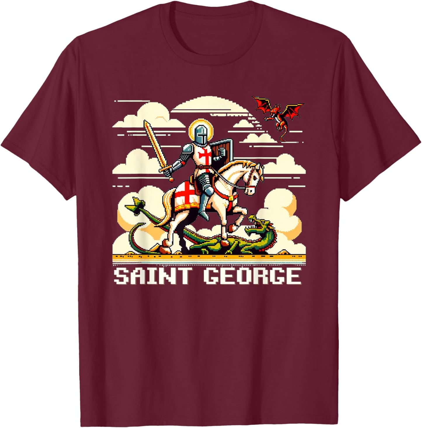 Saint George and the Dragon England Catholic Video Game T-Shirt - T-Shirt | Maroon