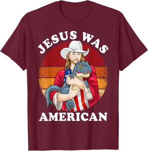 Jesus Was American Dinosaur Jesus T-Rex 4th Of July Vintage T-Shirt - T-Shirt | Maroon